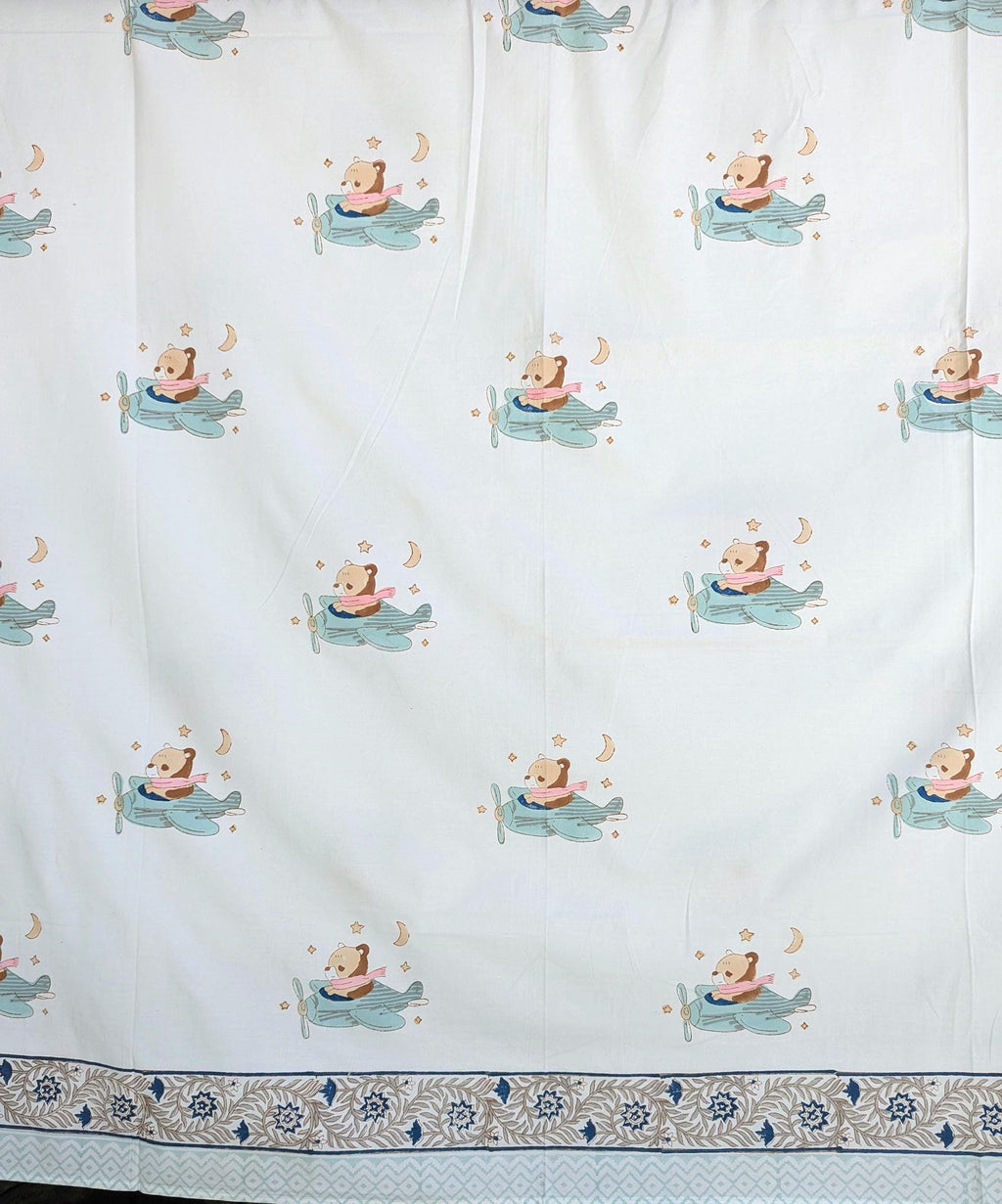 Teddy on a Plane Hand Block Printed Percale Cotton Kids Flat Sheet (60x90 inches)