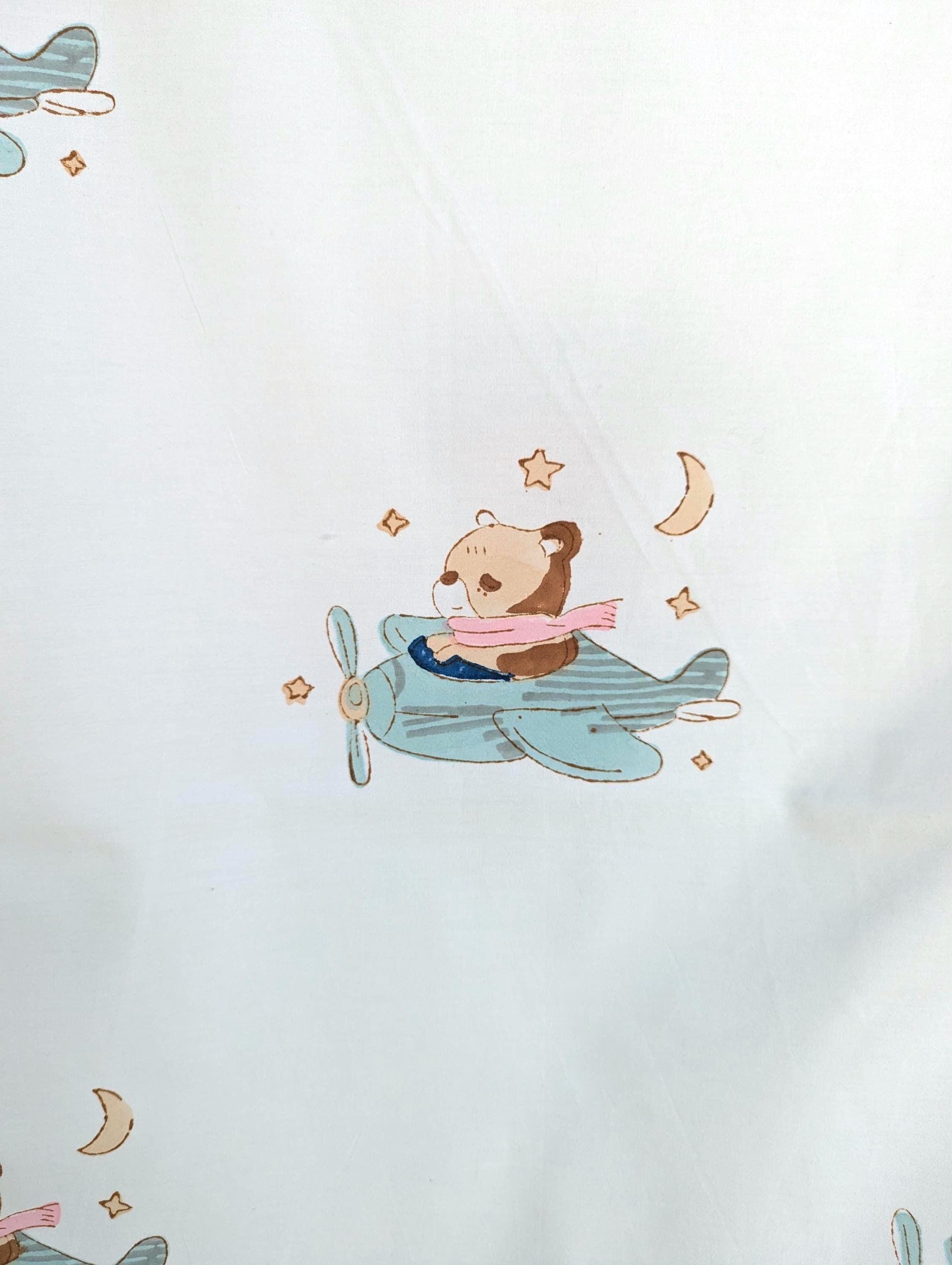 Teddy on a Plane Hand Block Printed Percale Cotton Kids Flat Sheet (60x90 inches)