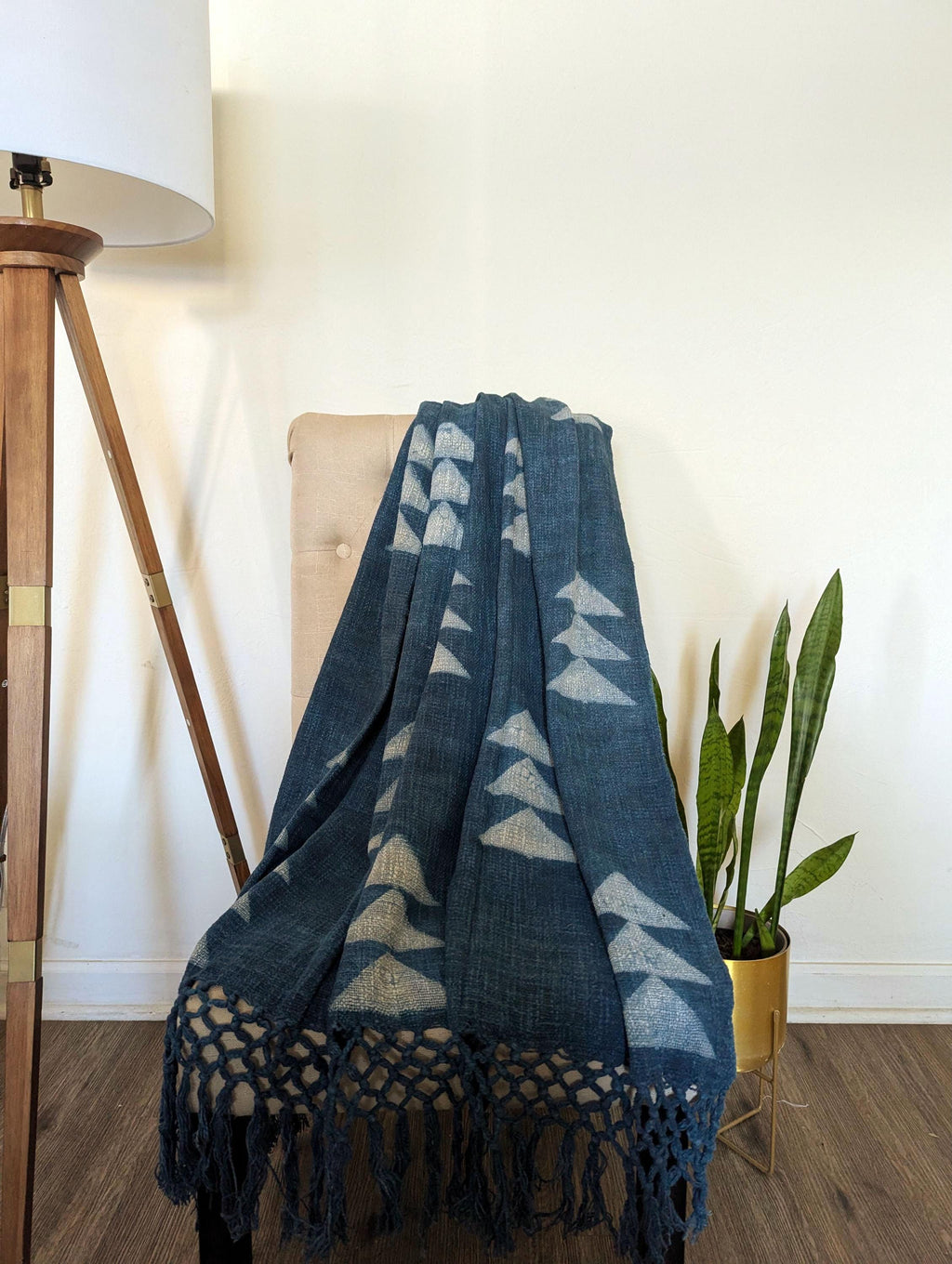 Boho style Indigo Geometric Stacked Triangles Block Print Throw