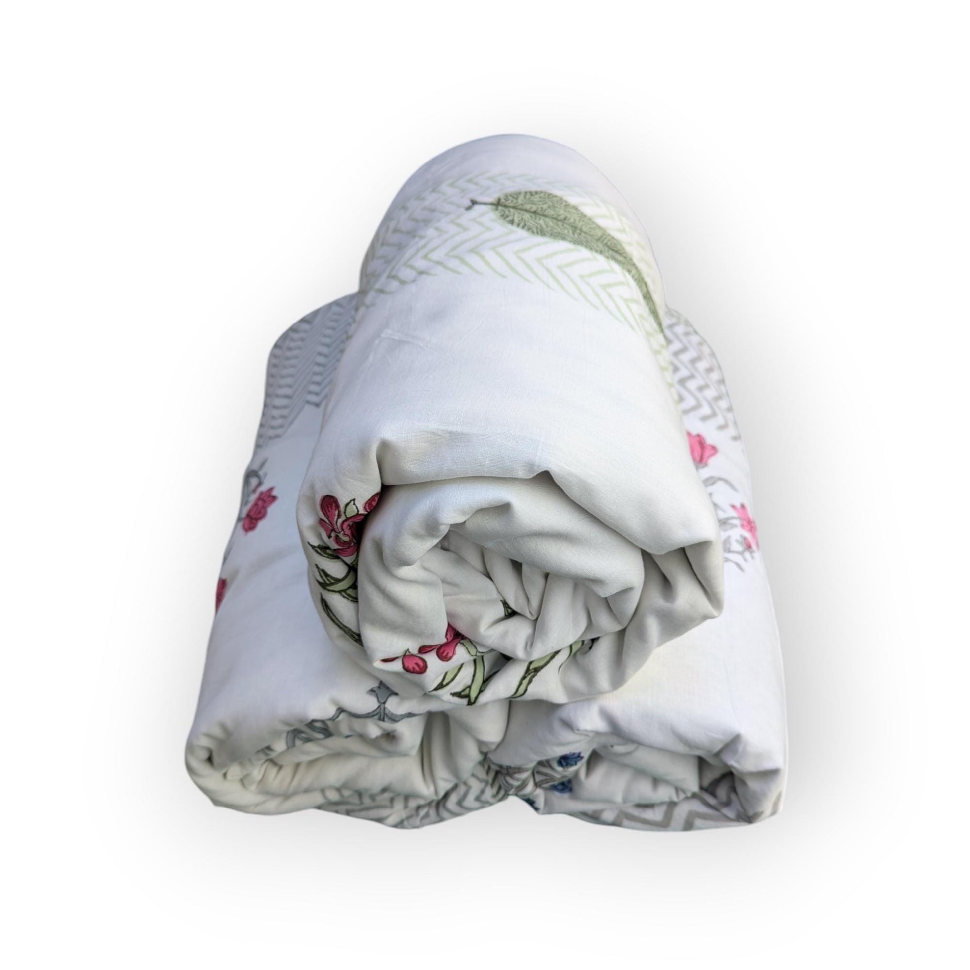 Extremely Soft Handcrafted Floral Block Print Cotton Double Size Reversible Quilt or Blanket (86x108 inches)