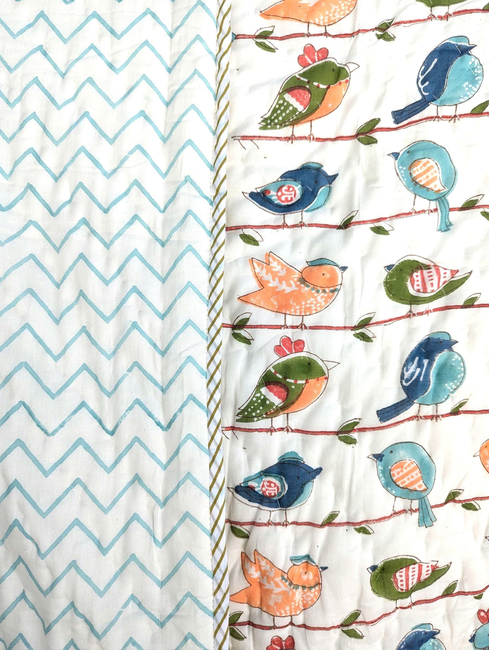 Birdie Giraffe Deer Crane Handcrafted Block Print Baby or Kids Soft Cotton Reversible Blanket (42x60 inches)