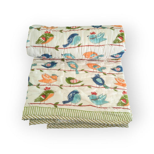 Birdie Giraffe Deer Crane Handcrafted Block Print Baby or Kids Soft Cotton Reversible Blanket (42x60 inches)