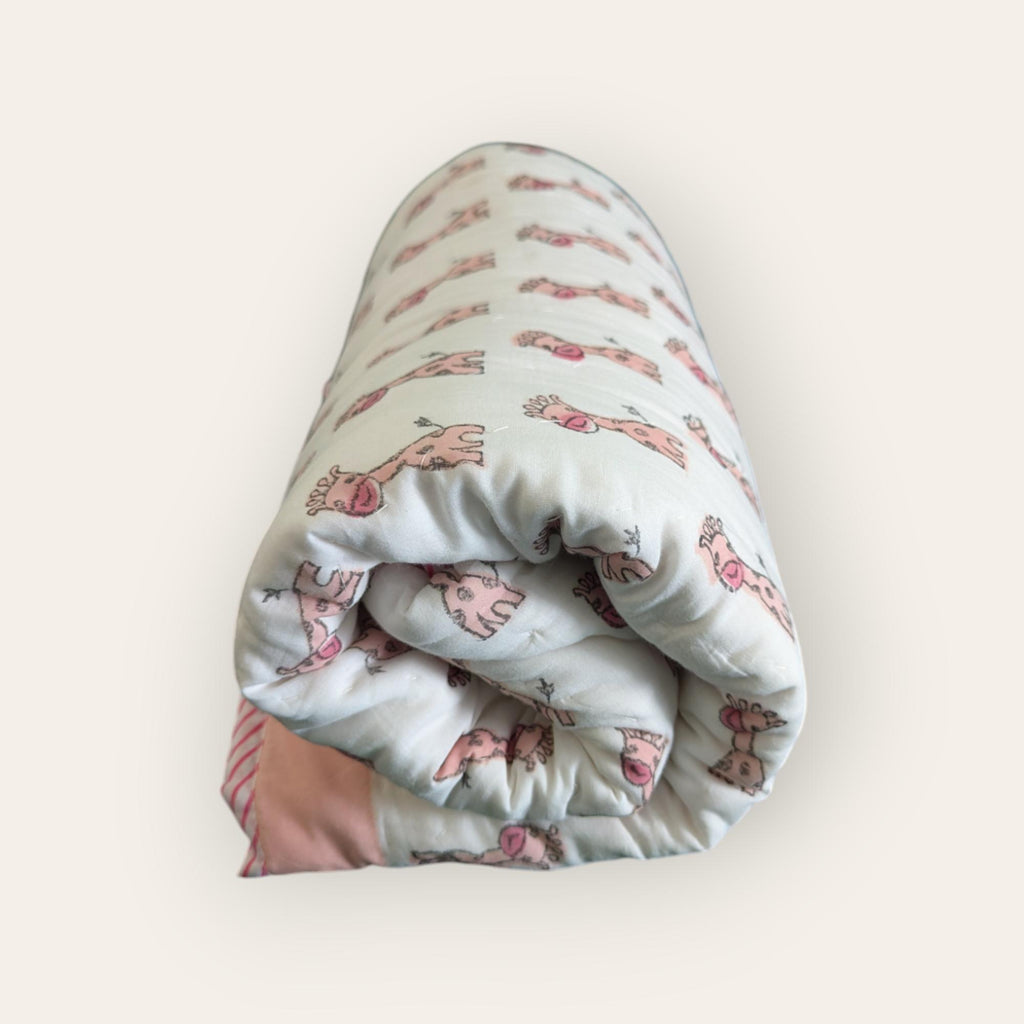 Cute Giraffe Handcrafted Block Print Baby or Kids Soft Cotton Reversible Blanket (42x60 inches)