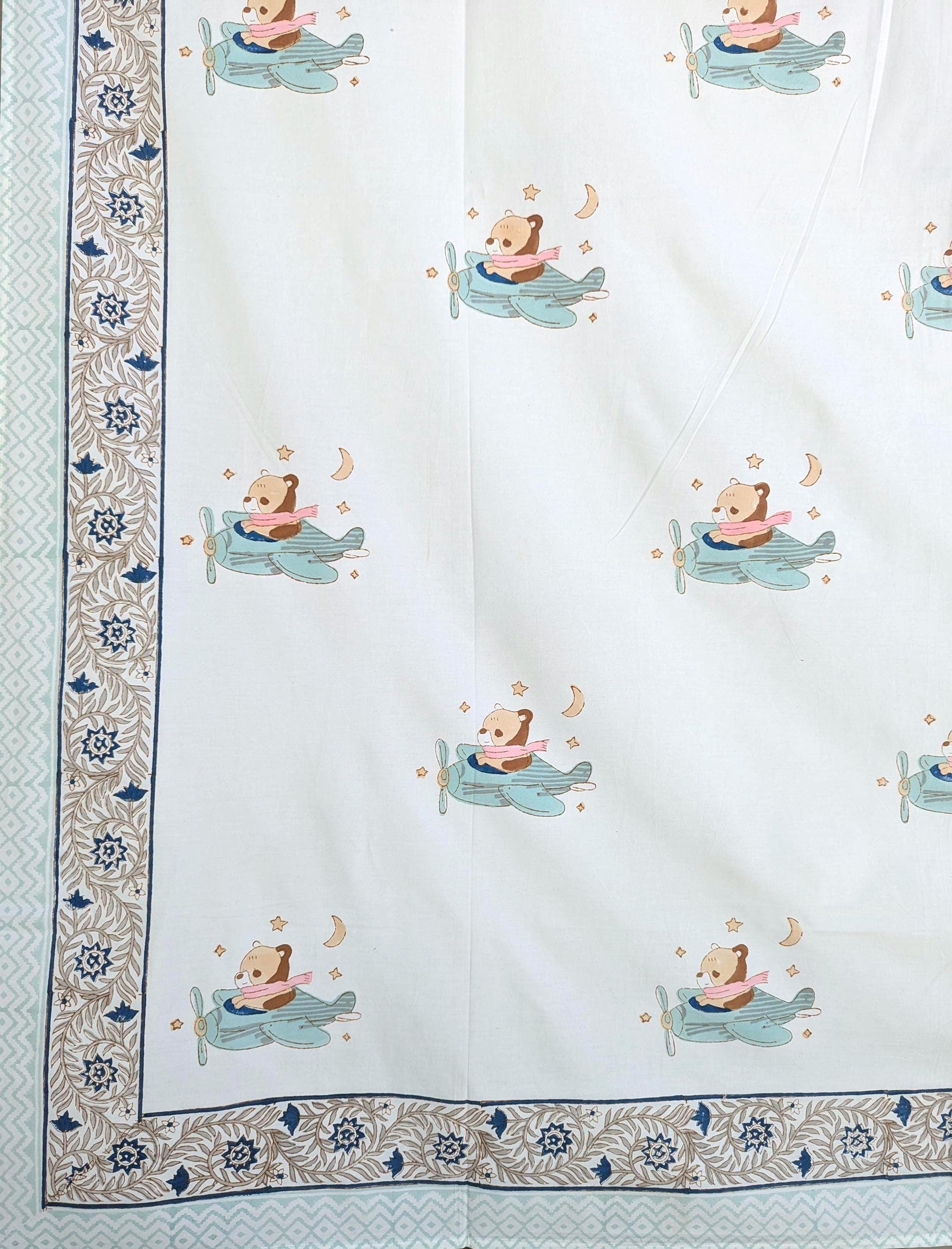 Teddy on a Plane Hand Block Printed Percale Cotton Kids Flat Sheet (60x90 inches)