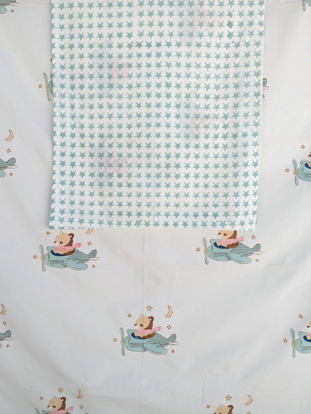 Teddy on a Plane Hand Block Printed Percale Cotton Kids Flat Sheet (60x90 inches)
