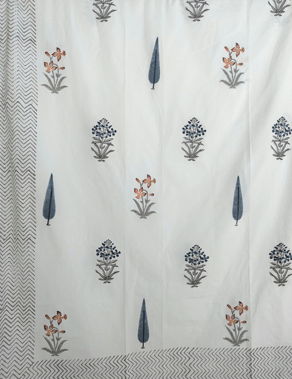 Jaipuri Hand Block Floral Percale Cotton Queen Flat Sheet (White base with floral motifs)