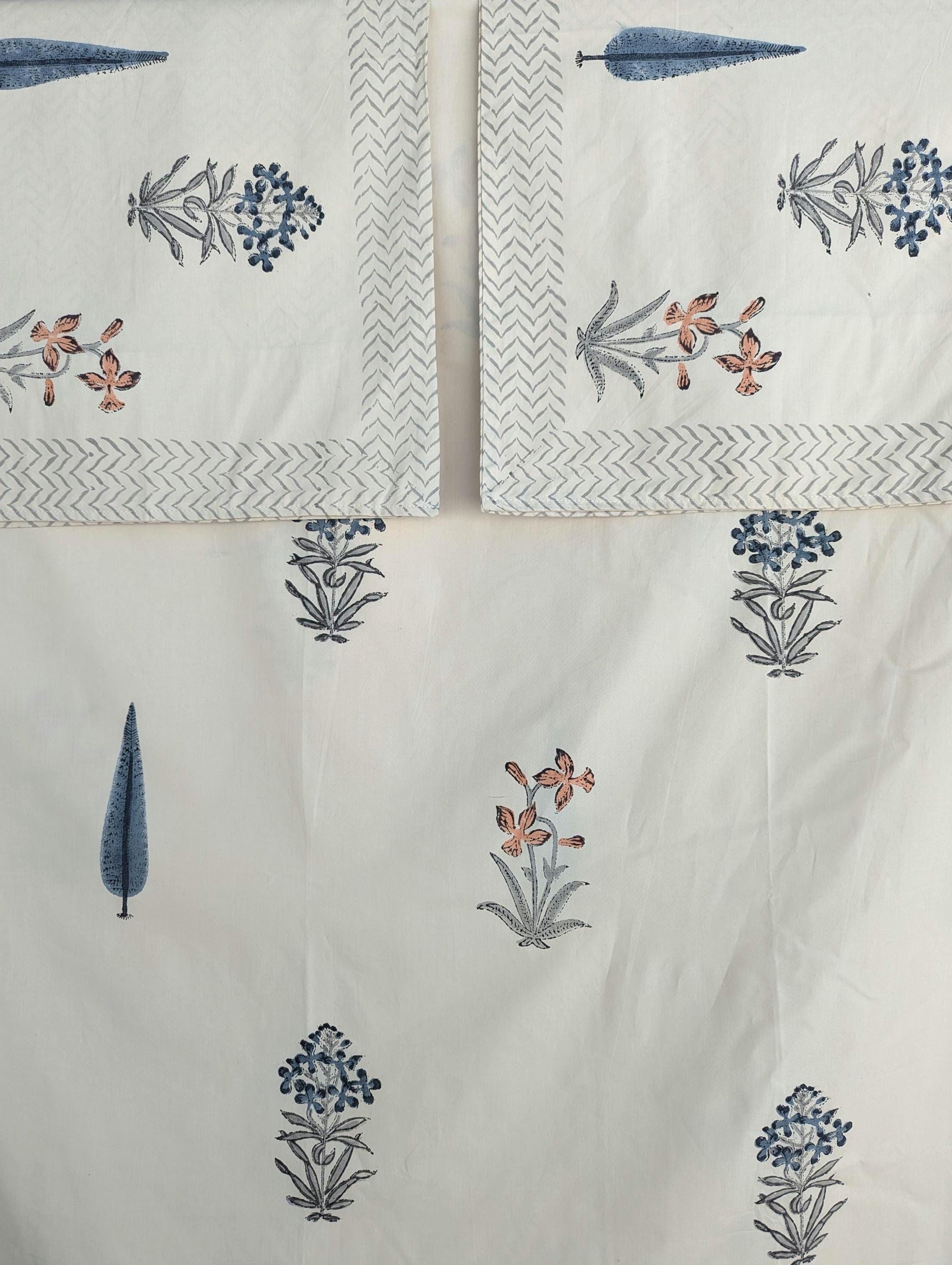 Vintage Style Jaipuri Hand Block Floral Percale Cotton Oversized King Flat Sheet (Beige base with floral pattern)