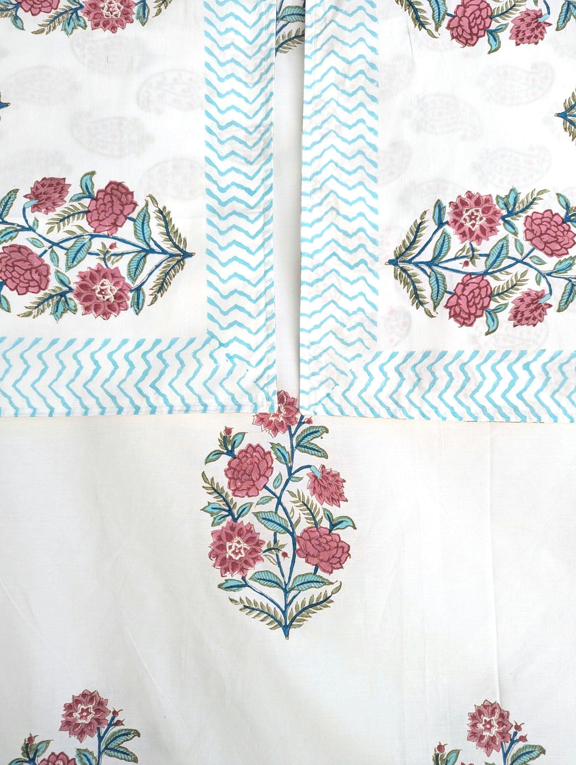 Hand Block Printed Pink Floral Queen size Flat Sheet