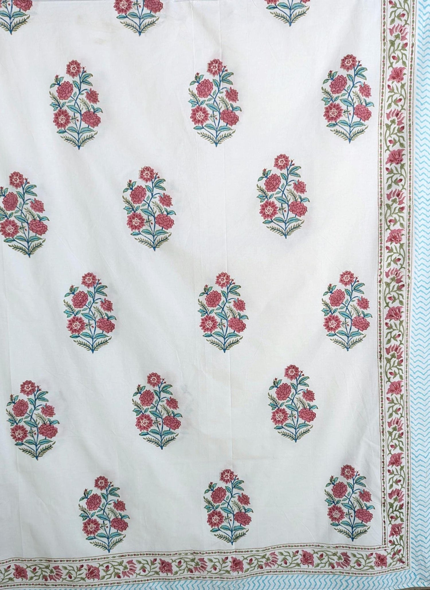 Hand Block Printed Pink Floral Queen size Flat Sheet