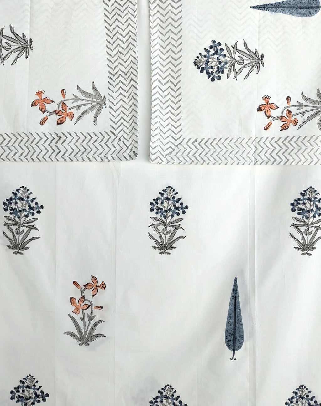 Jaipuri Hand Block Floral Percale Cotton Queen Flat Sheet (White base with floral motifs)