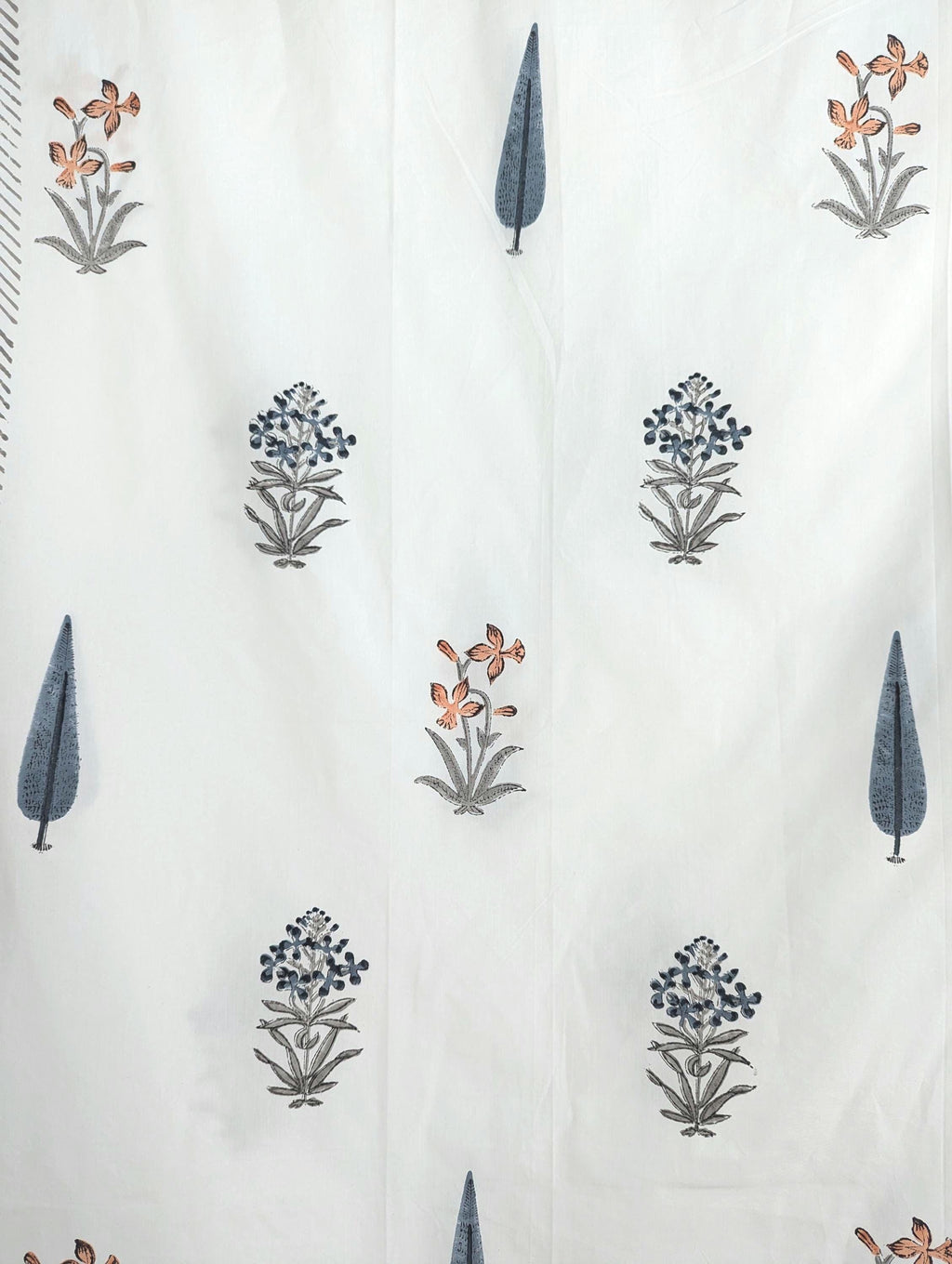Jaipuri Hand Block Floral Percale Cotton Queen Flat Sheet (White base with floral motifs)