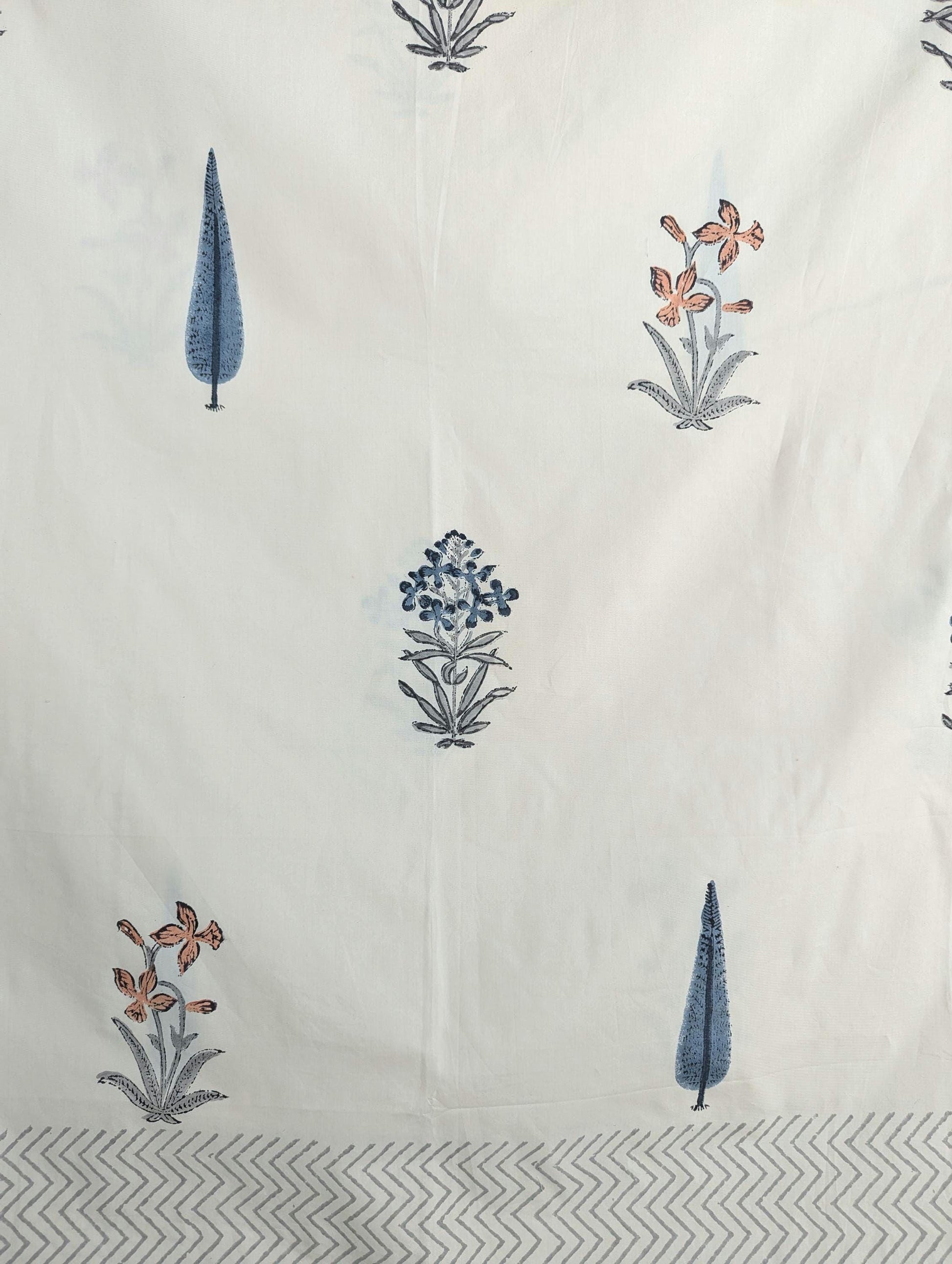 Vintage Style Jaipuri Hand Block Floral Percale Cotton Oversized King Flat Sheet (Beige base with floral pattern)