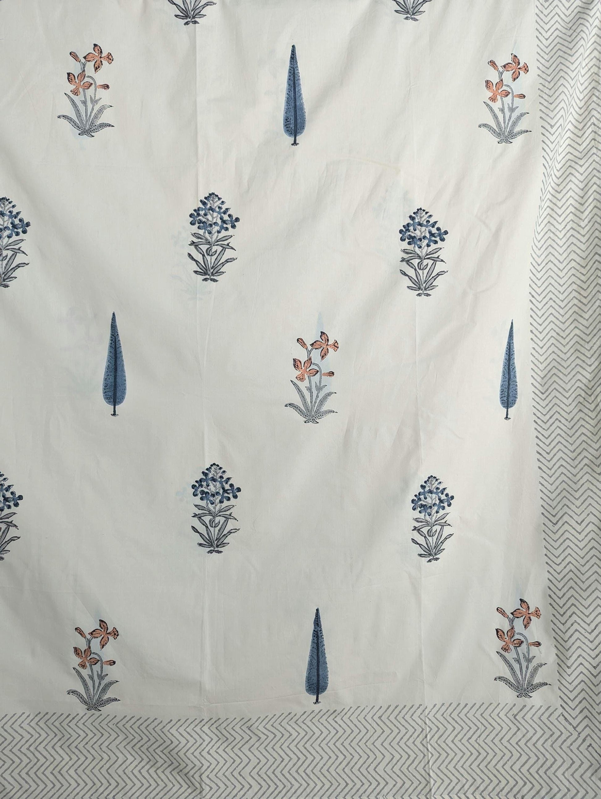 Vintage Style Jaipuri Hand Block Floral Percale Cotton Oversized King Flat Sheet (Beige base with floral pattern)