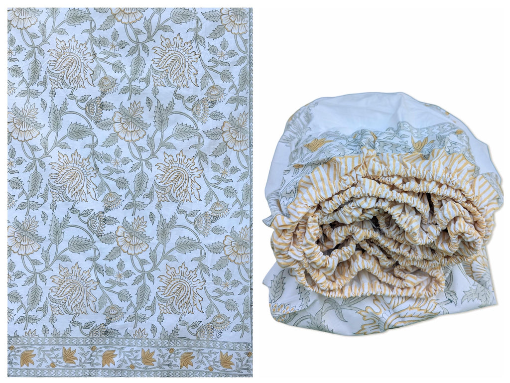 Flat or Fitted Hand Block Printed Peach Floral Percale Cotton Sheet (King and Queen sizes available)