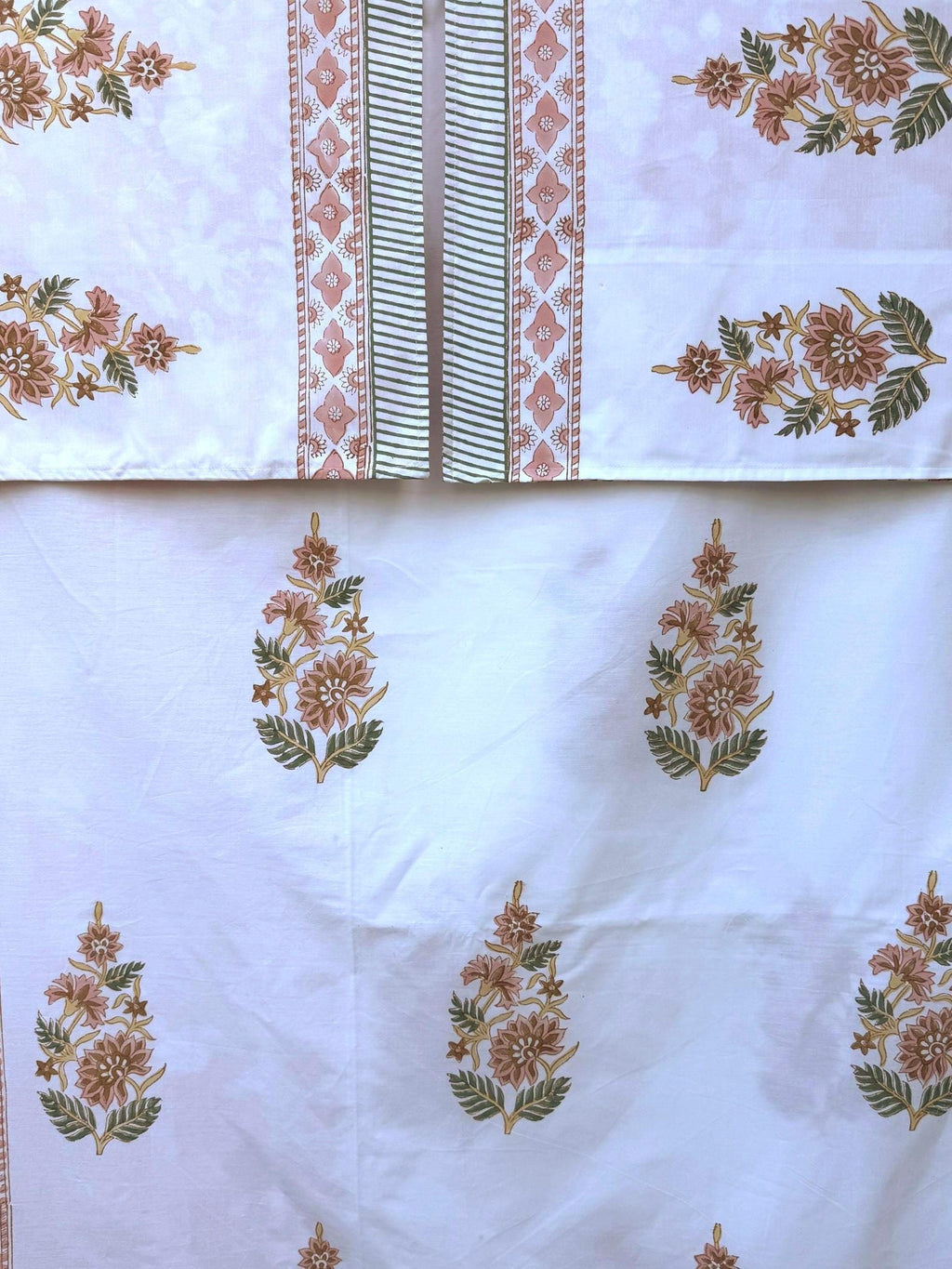Flat or Fitted Hand Block Printed Peach Floral Percale Cotton Sheet (King and Queen sizes available)