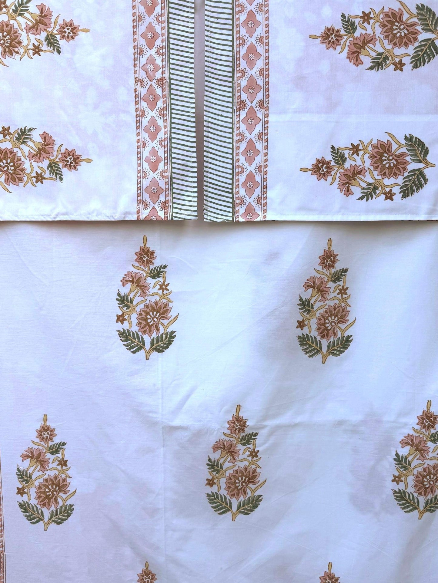 Hand Block Printed Peach Floral Percale Cotton Flat or Fitted Sheet (King and Queen sizes available)