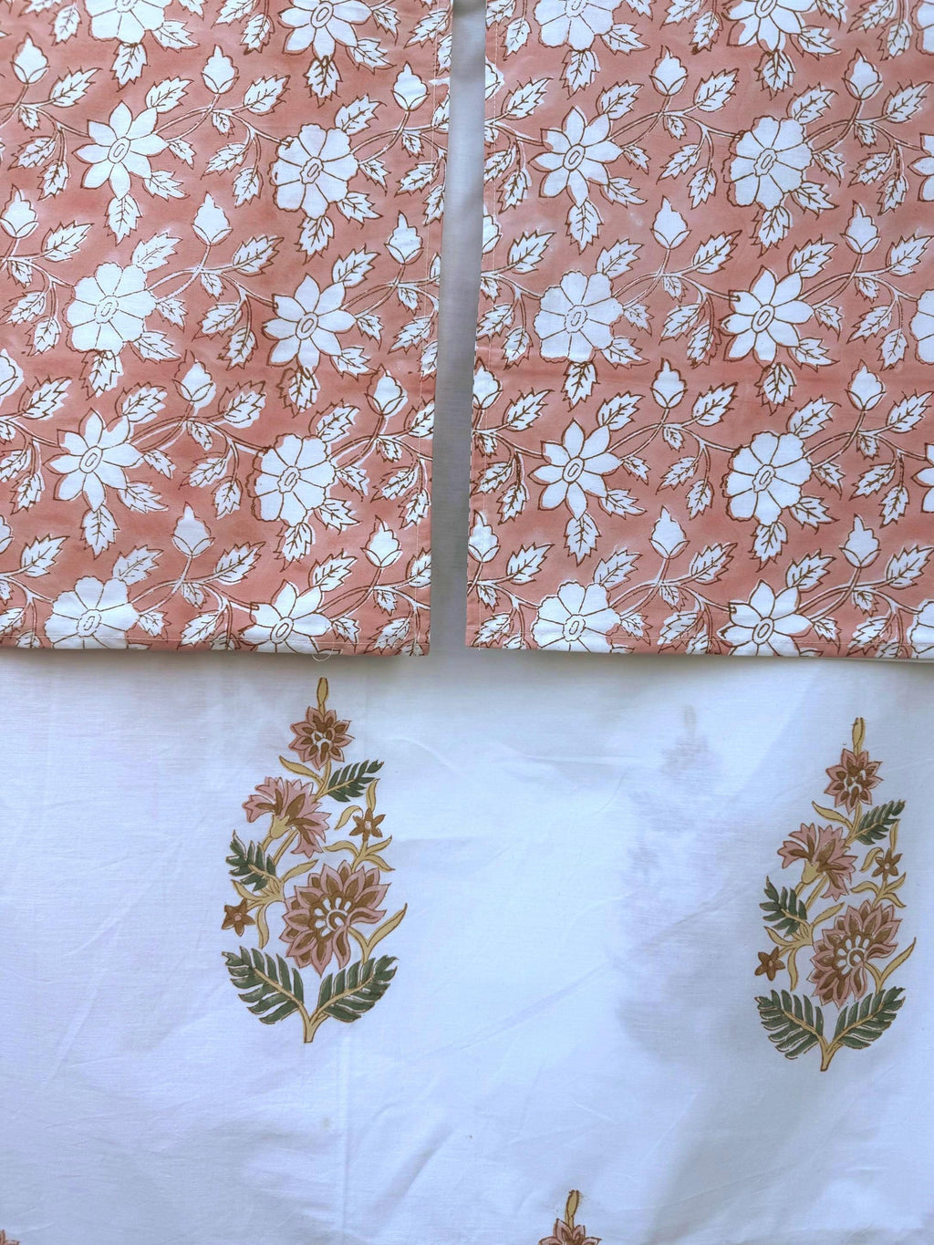 Flat or Fitted Hand Block Printed Peach Floral Percale Cotton Sheet (King and Queen sizes available)