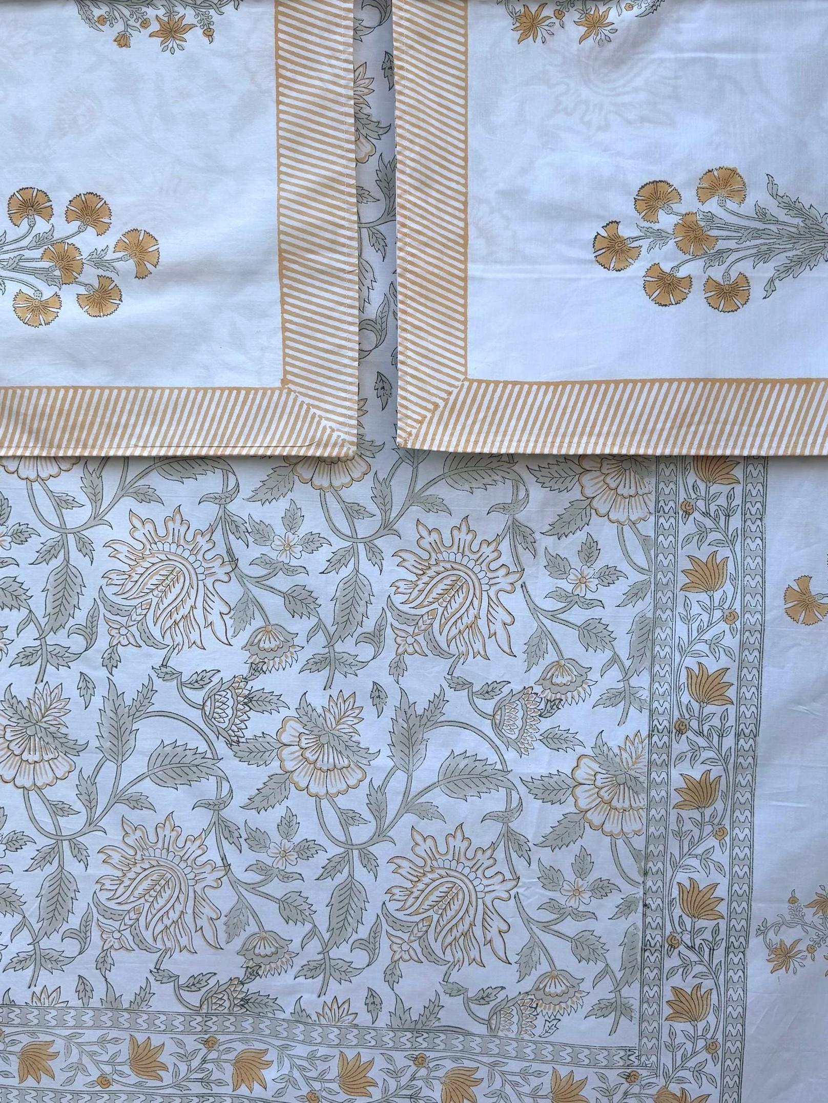 Hand Block Printed Peach Floral Percale Cotton Flat or Fitted Sheet (King and Queen sizes available)