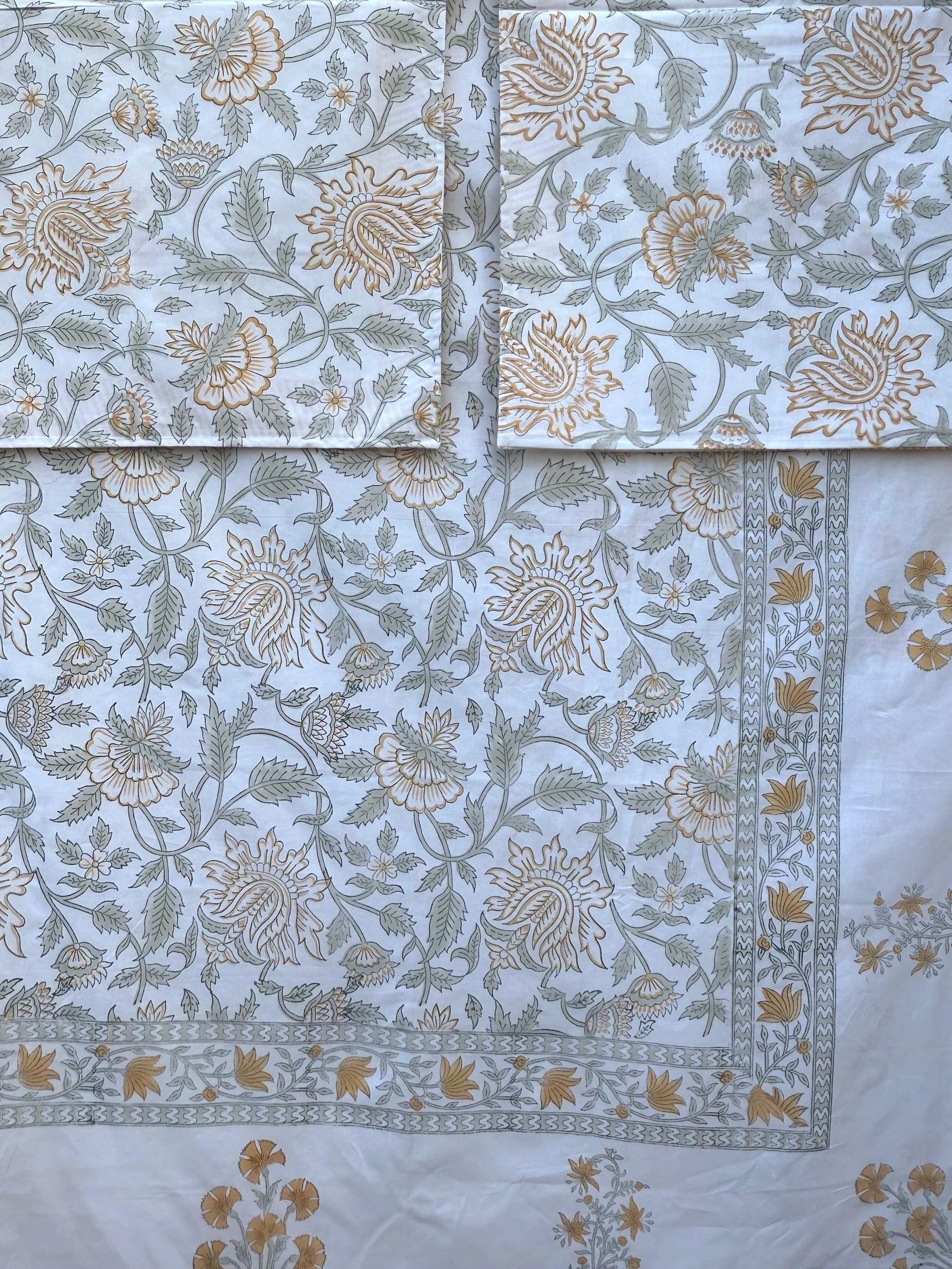 Hand Block Printed Peach Floral Percale Cotton Flat or Fitted Sheet (King and Queen sizes available)