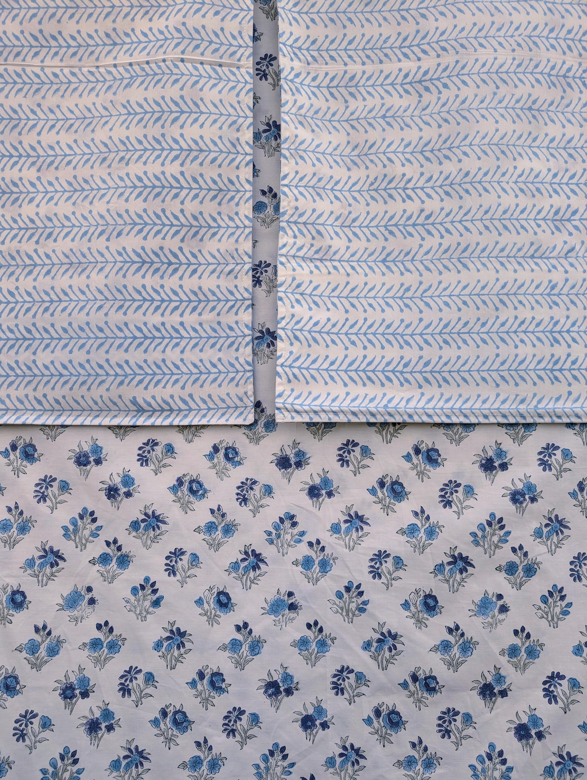 Vintage Style Jaipuri Hand Block Blue Floral Percale Cotton Flat or Fitted Sheet (King and Queen sizes available)