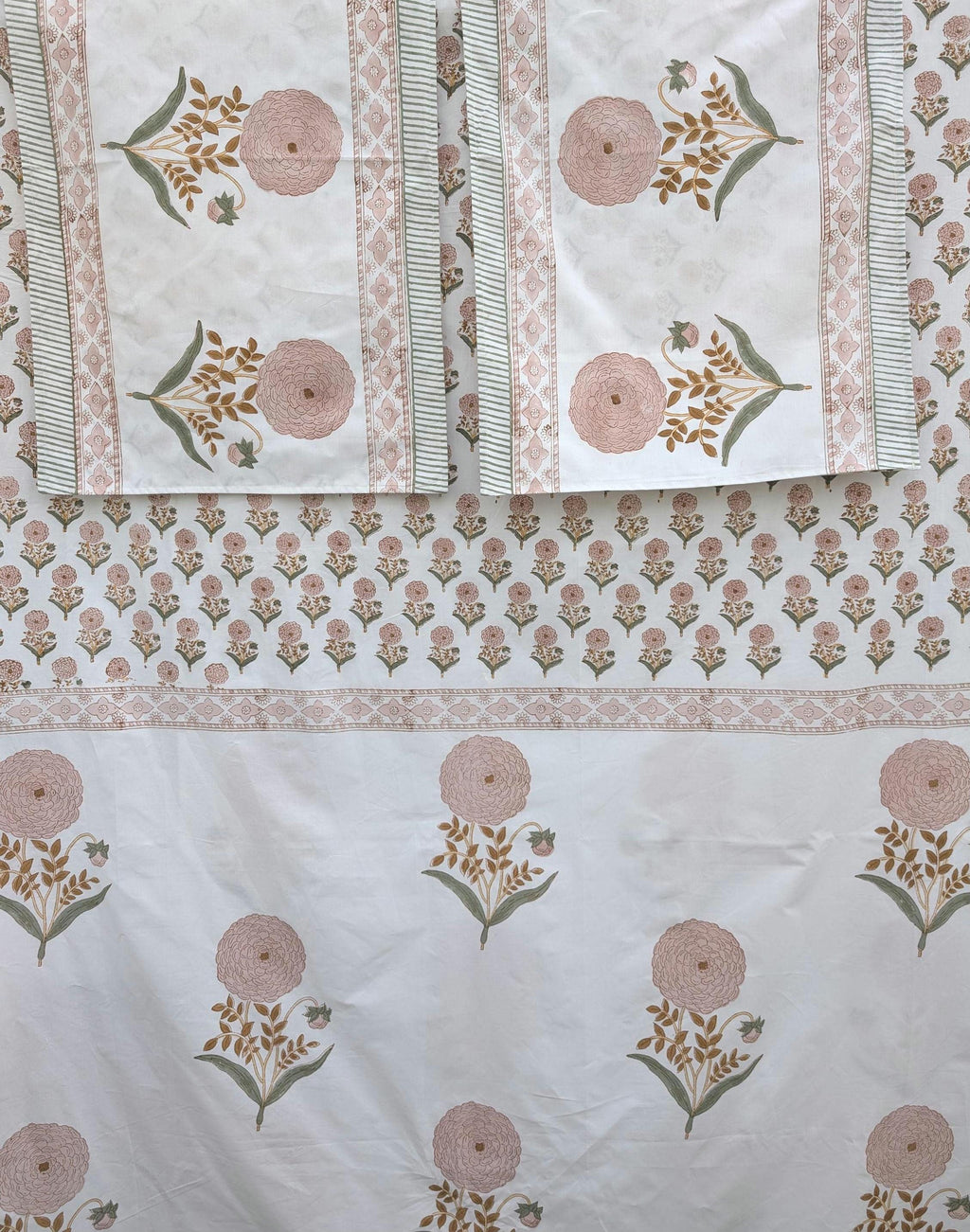 Hand Block Printed Peach Dahlia Lightweight Fitted Sheet Queen and King Sizes available