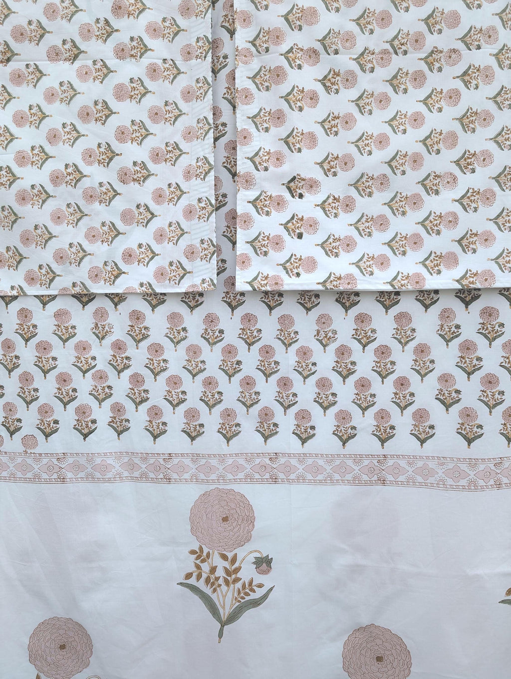 Flat or Fitted Hand Block Printed Peach Dahlia Lightweight Sheet (King, Cal King, Queen, Twin sizes available)