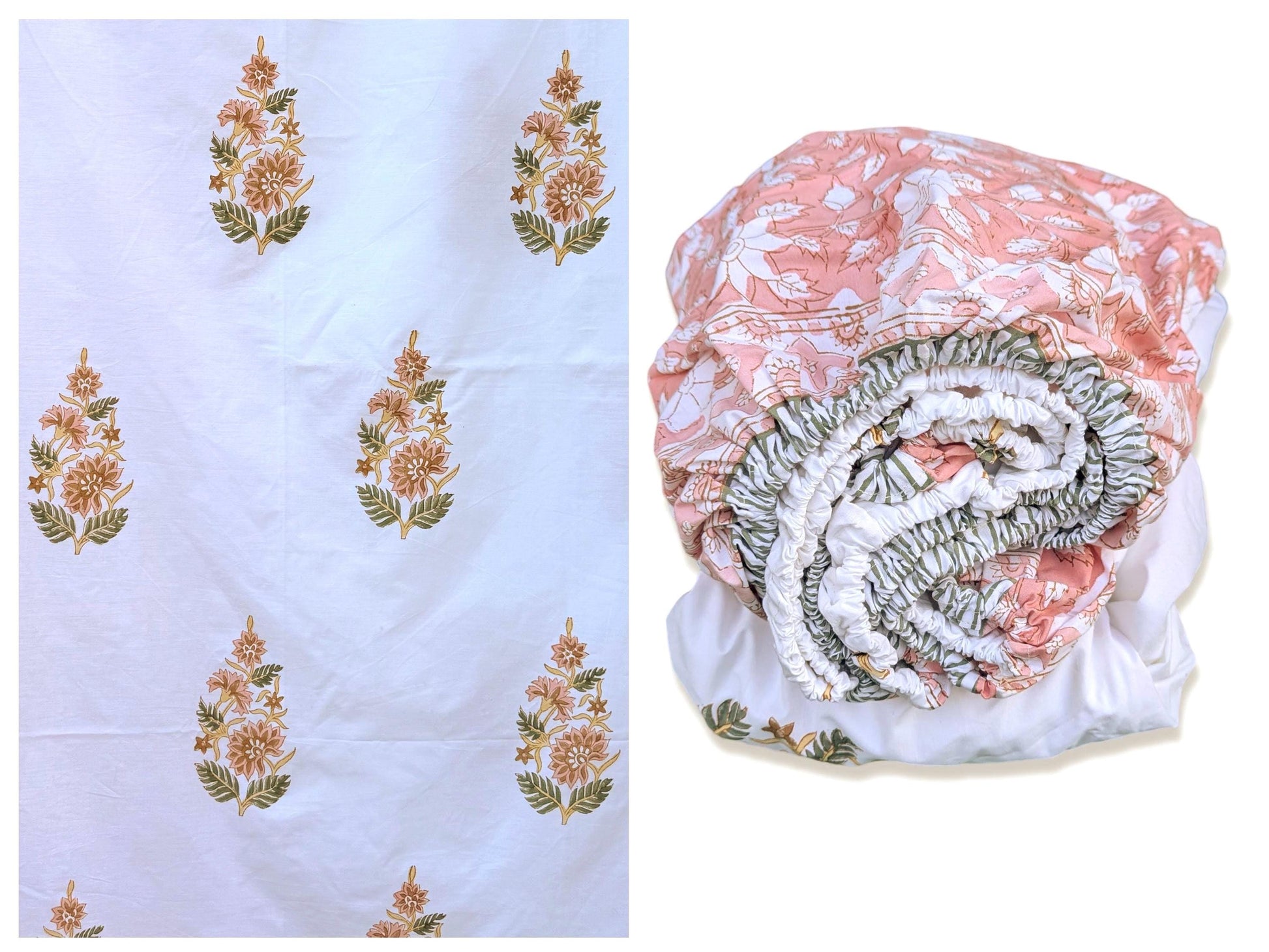 Flat or Fitted Hand Block Printed Peach Floral Percale Cotton Sheet (King and Queen sizes available)