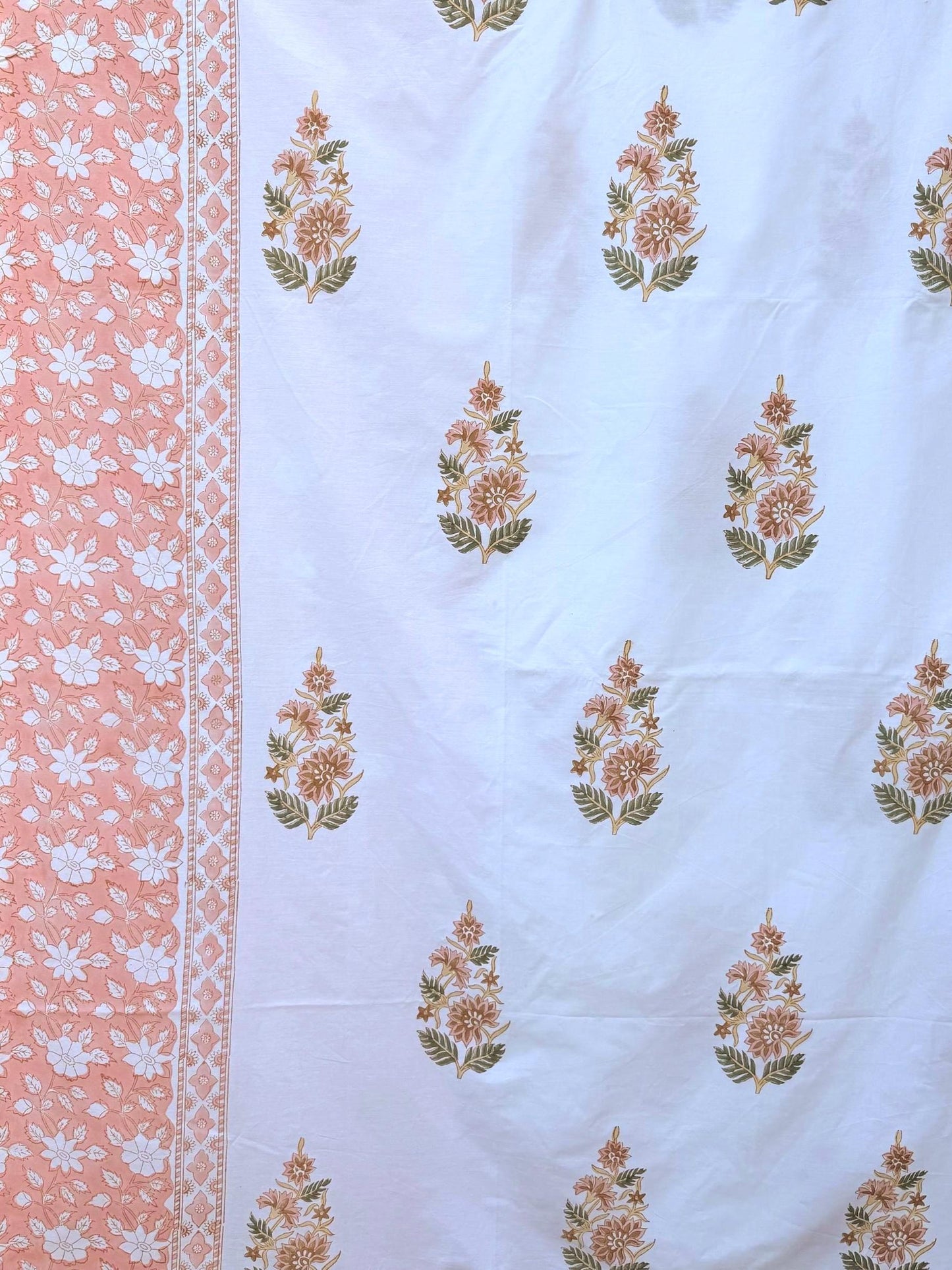 Hand Block Printed Peach Floral Percale Cotton Flat or Fitted Sheet (King and Queen sizes available)