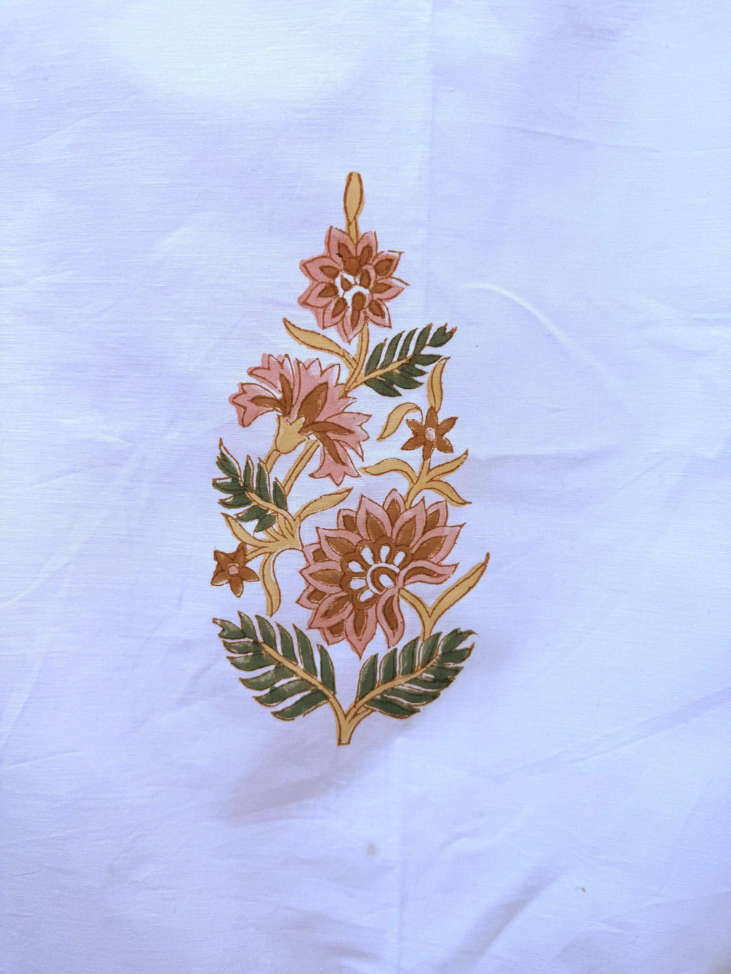 Flat or Fitted Hand Block Printed Peach Floral Percale Cotton Sheet (King and Queen sizes available)