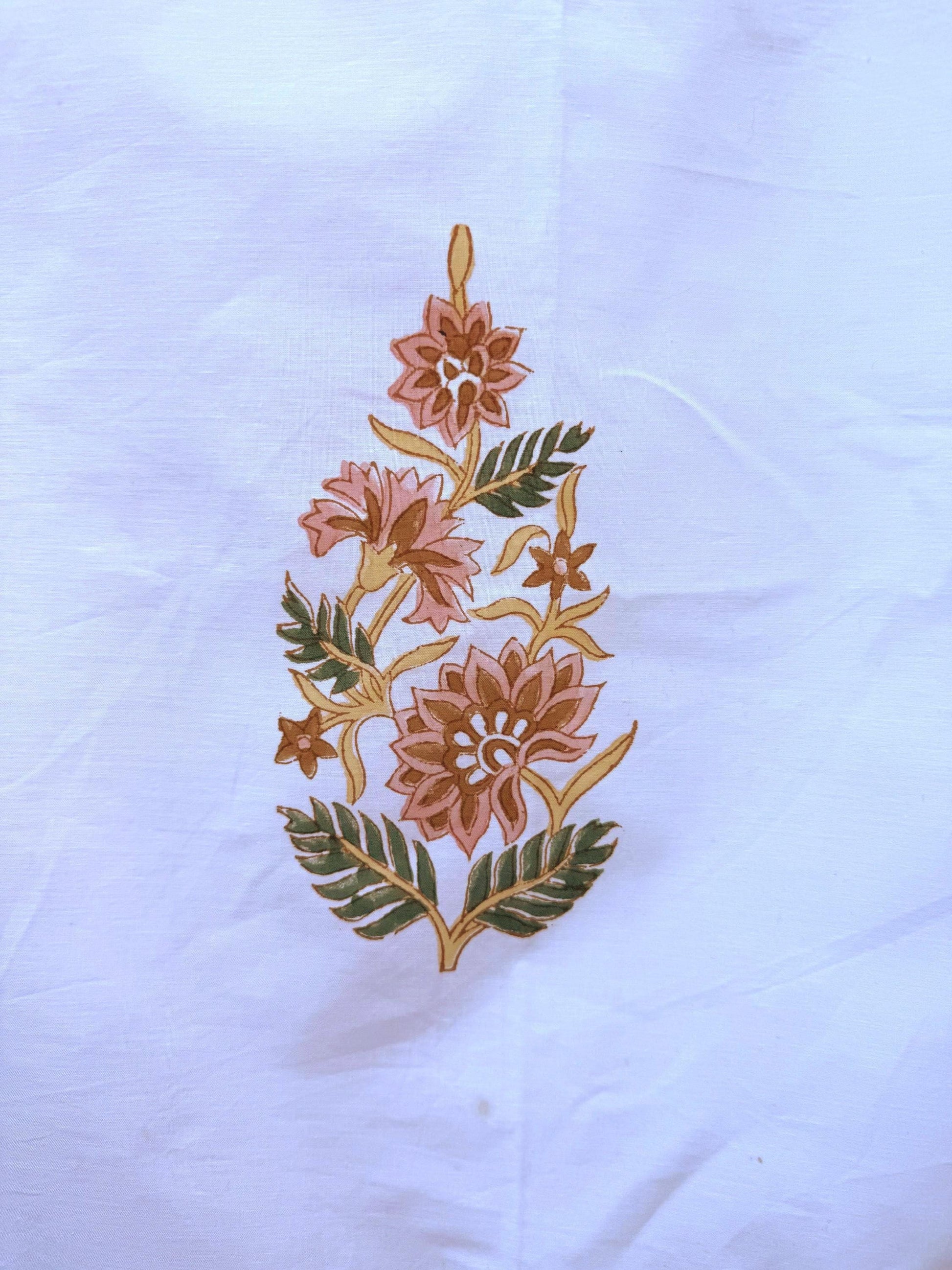 Flat or Fitted Hand Block Printed Peach Floral Percale Cotton Sheet (King and Queen sizes available)