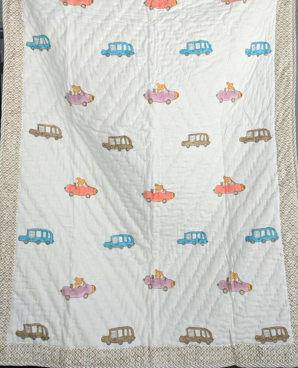 Colorful Cars Handcrafted Block Print Baby or Kids Soft Cotton Reversible Blanket (42x60 inches)
