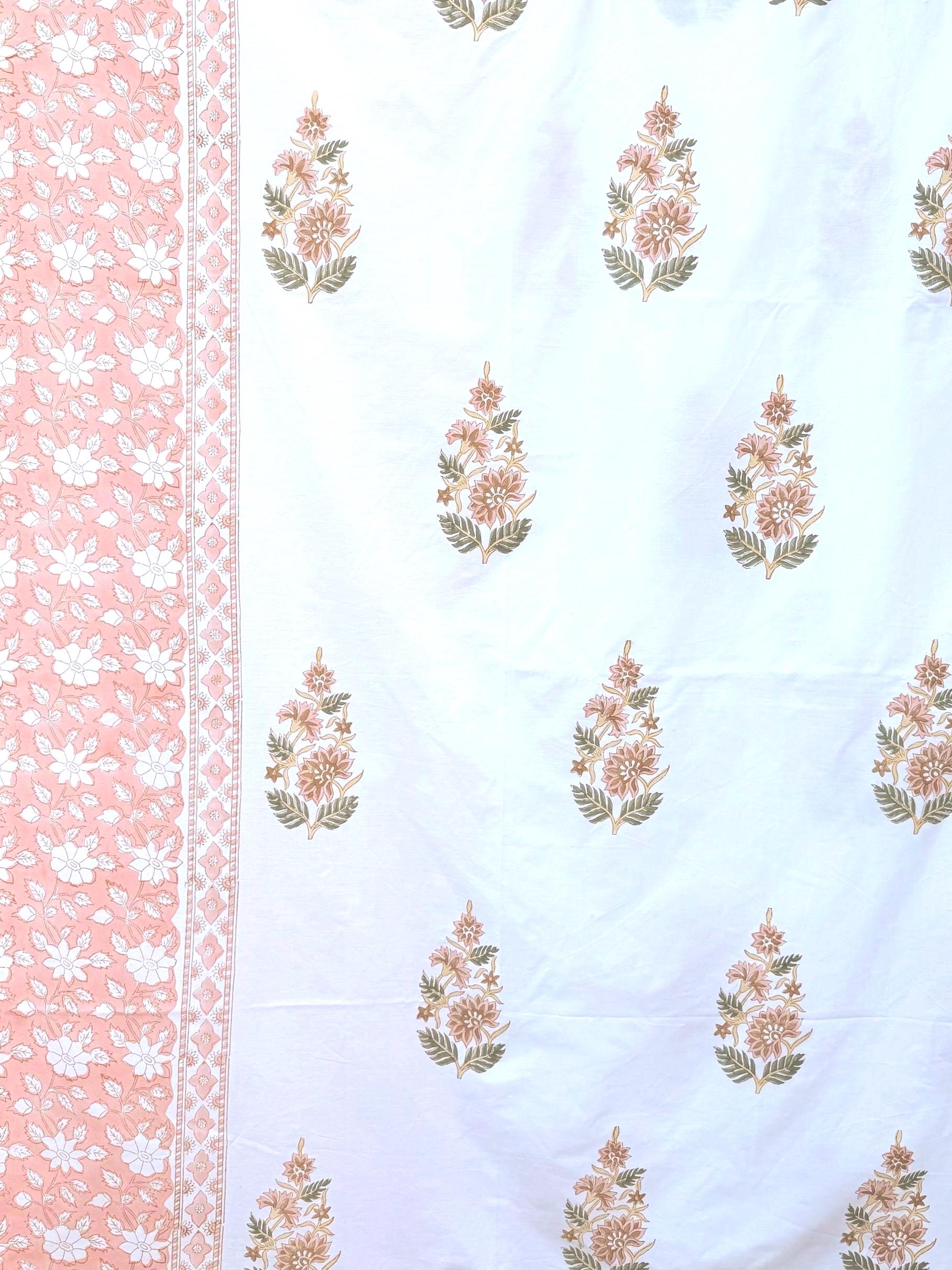 Flat or Fitted Hand Block Printed Peach Floral Percale Cotton Sheet (King and Queen sizes available)