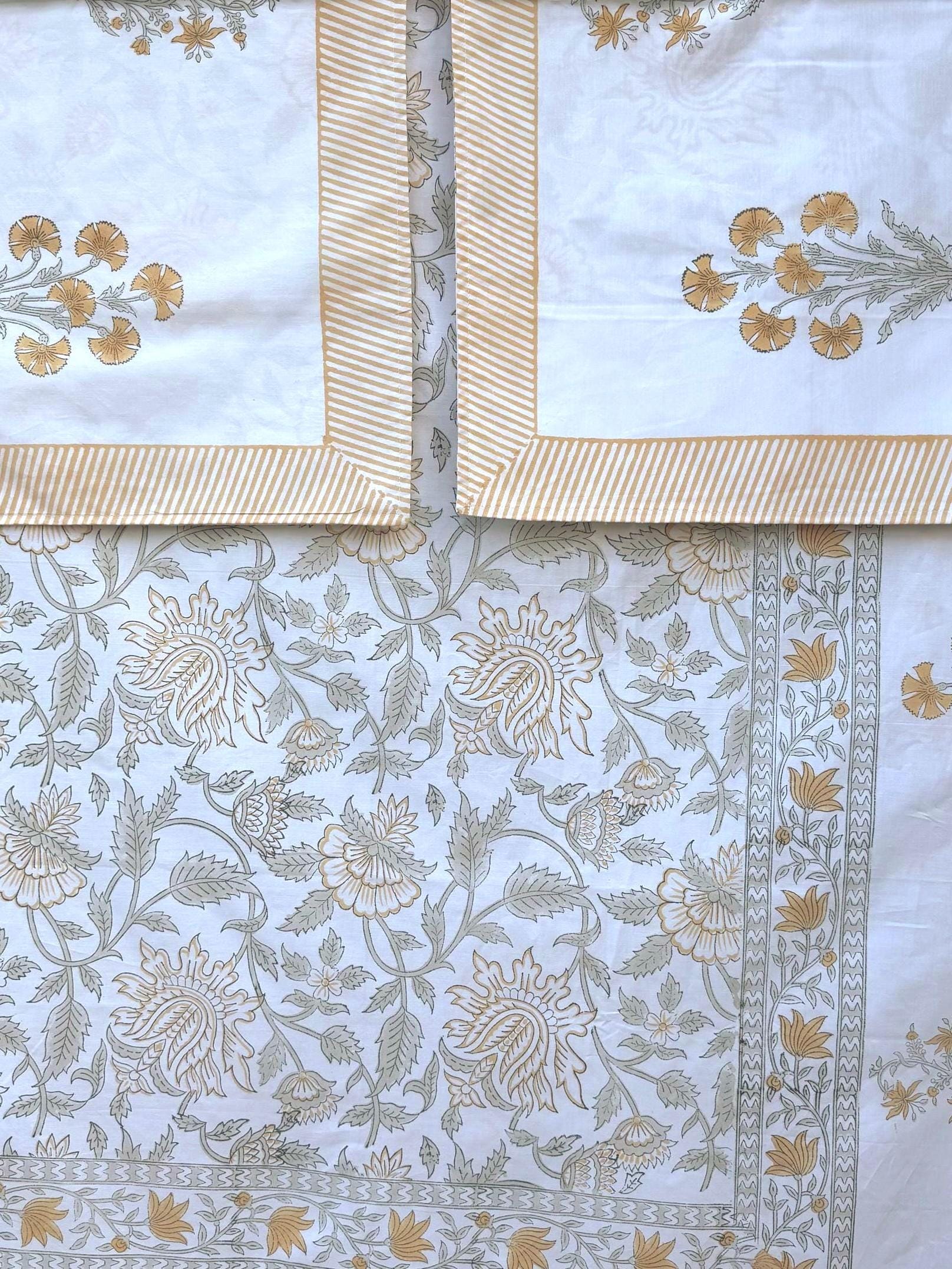 Flat or Fitted Hand Block Printed Peach Floral Percale Cotton Sheet (King and Queen sizes available)