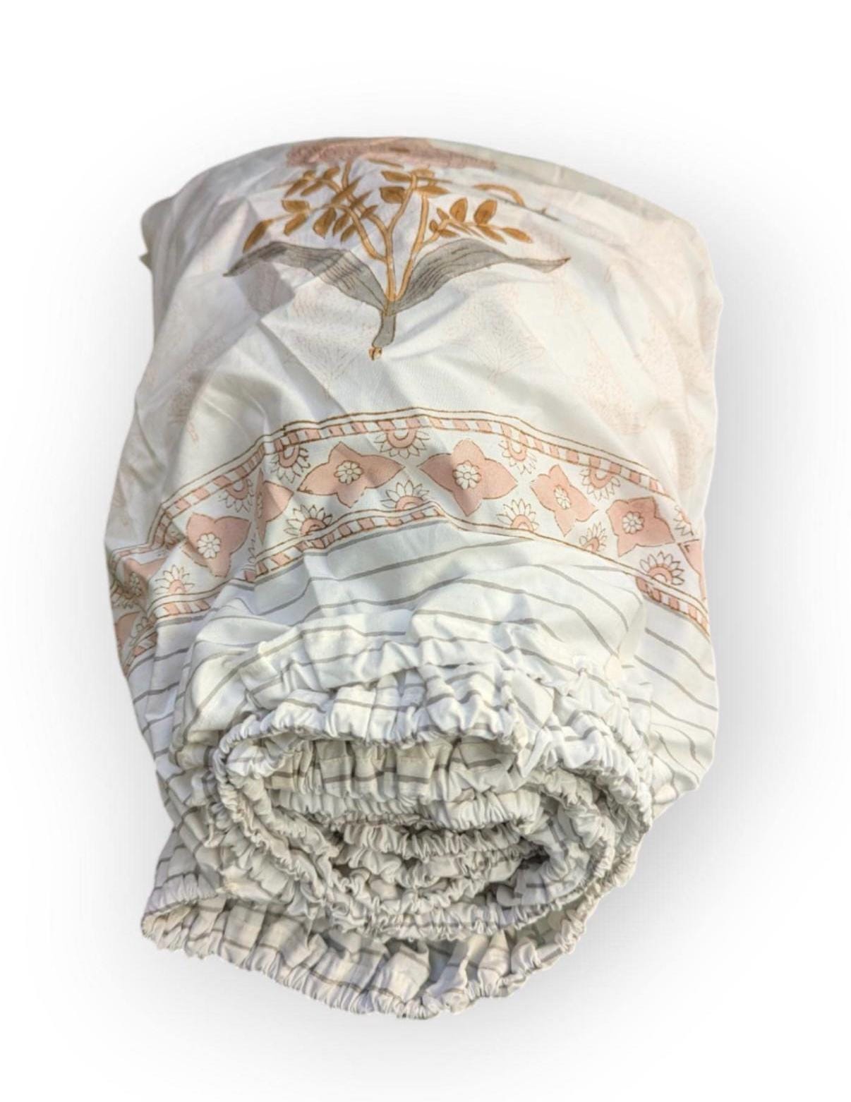Flat or Fitted Hand Block Printed Peach Dahlia Lightweight Sheet (King, Cal King, Queen, Twin sizes available)
