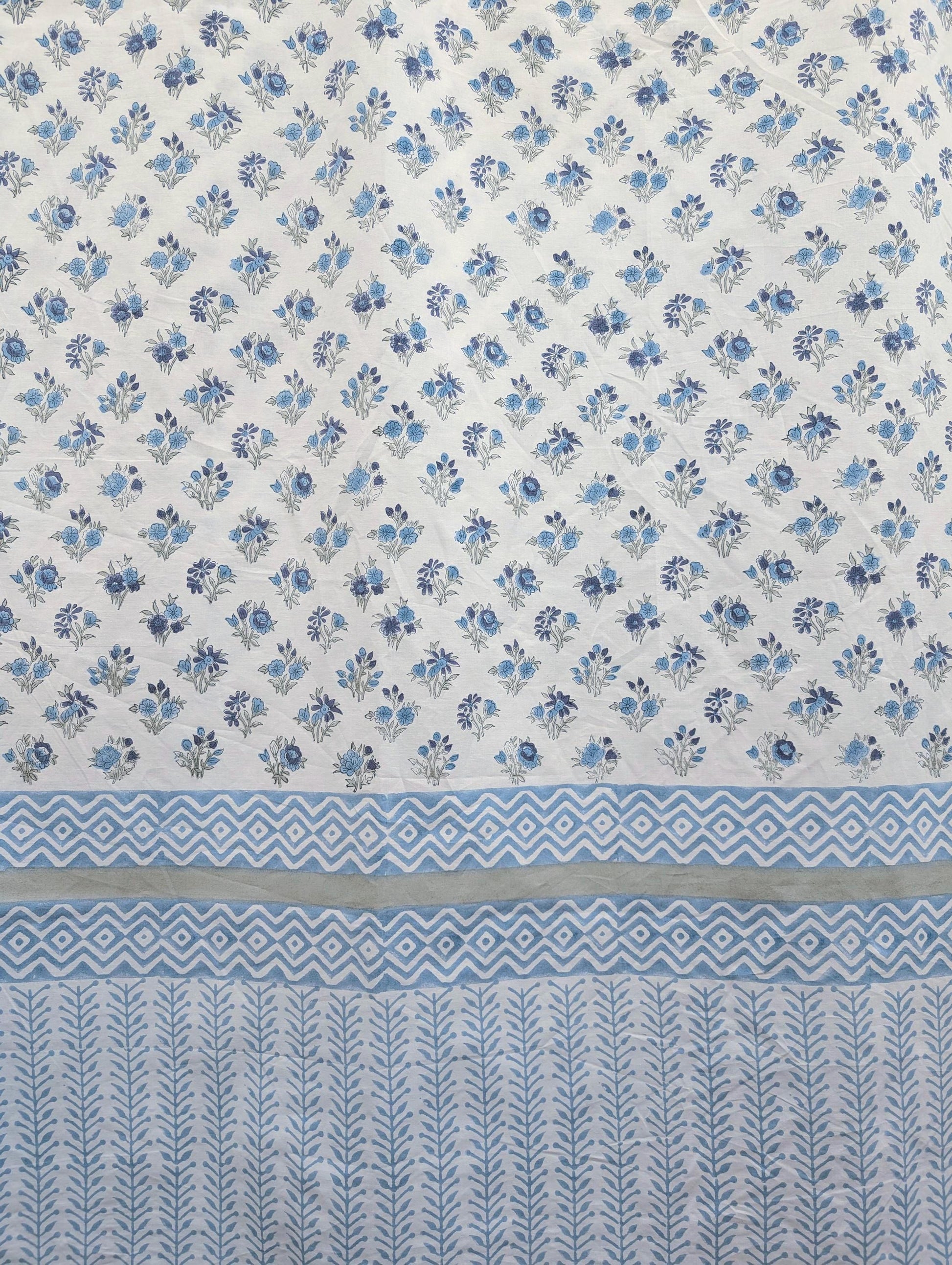 Vintage Style Jaipuri Hand Block Blue Floral Percale Cotton Flat or Fitted Sheet (King and Queen sizes available)