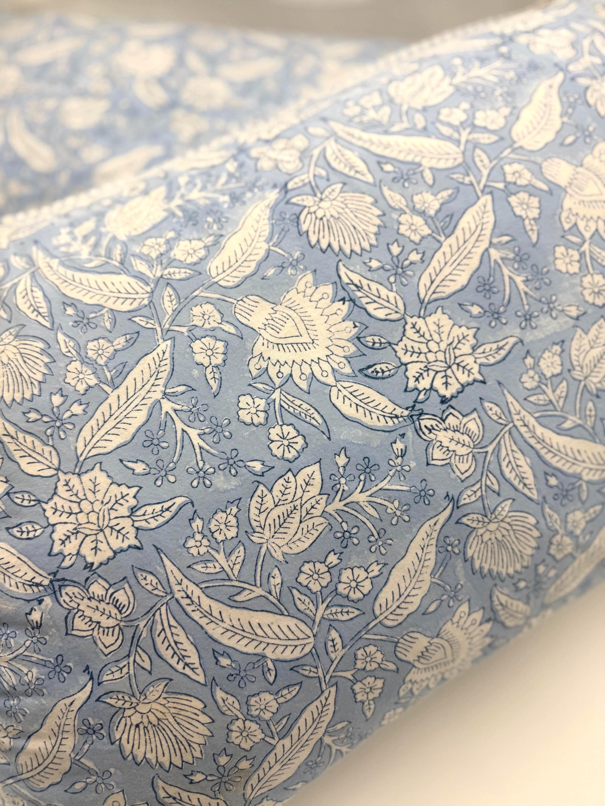 Vintage Style Jaipuri Hand Block Blue Floral Percale Cotton Flat or Fitted Sheet (King and Queen sizes available)