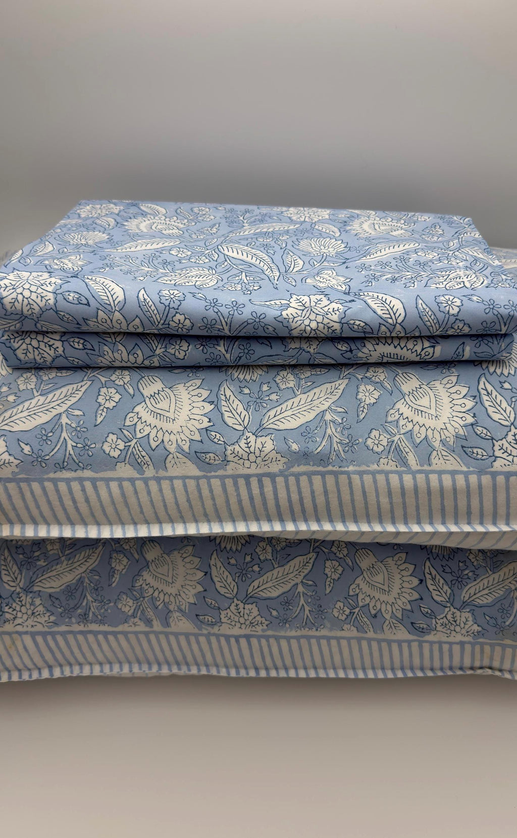 Vintage Style Jaipuri Hand Block Blue Floral Percale Cotton Flat or Fitted Sheet (King and Queen sizes available)
