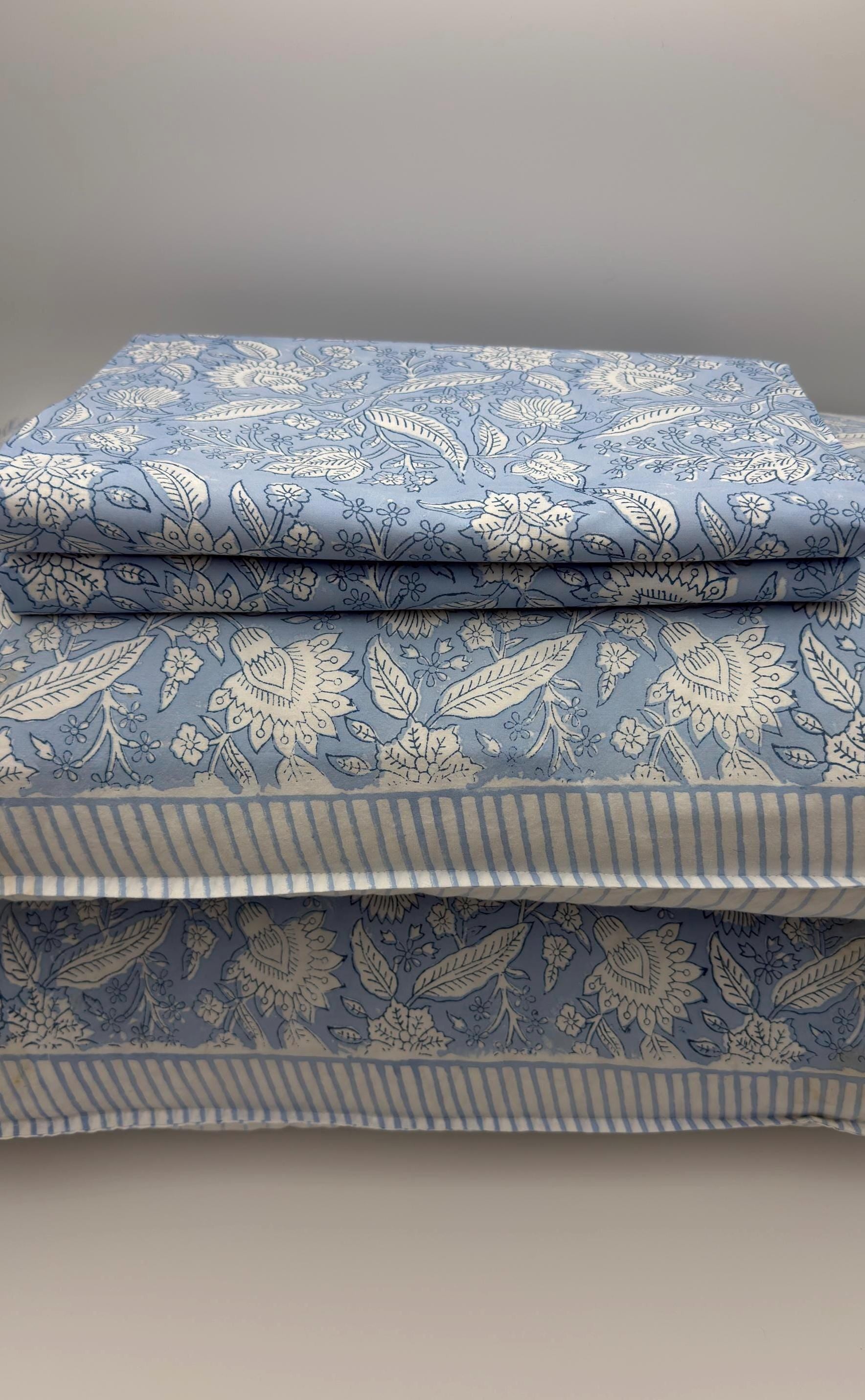 Vintage Style Jaipuri Hand Block Blue Floral Percale Cotton Flat or Fitted Sheet (King and Queen sizes available)
