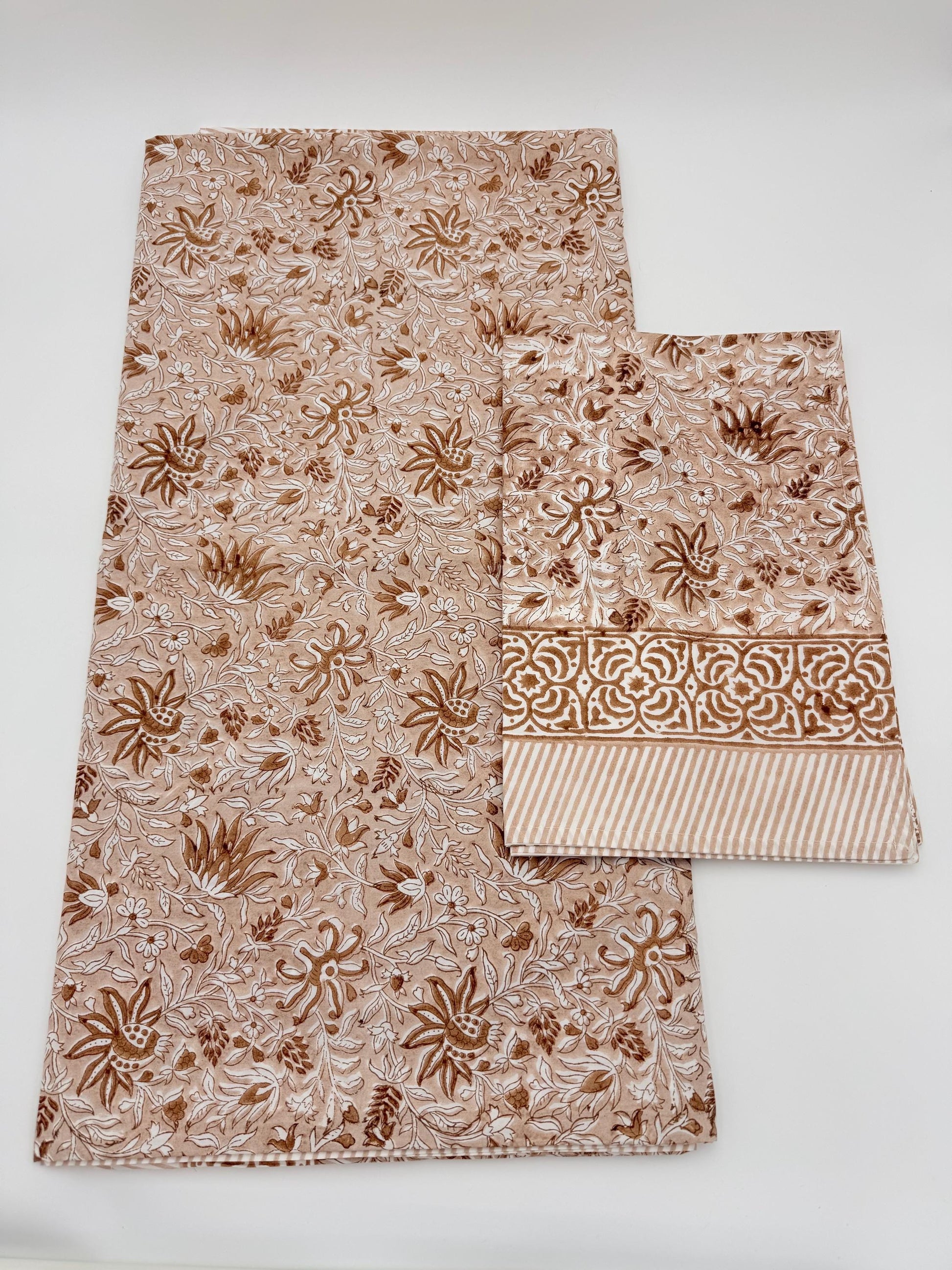 Vintage Style Jaipuri Hand Block Floral Percale Cotton Oversized King Flat Sheet (Brown base with floral pattern)