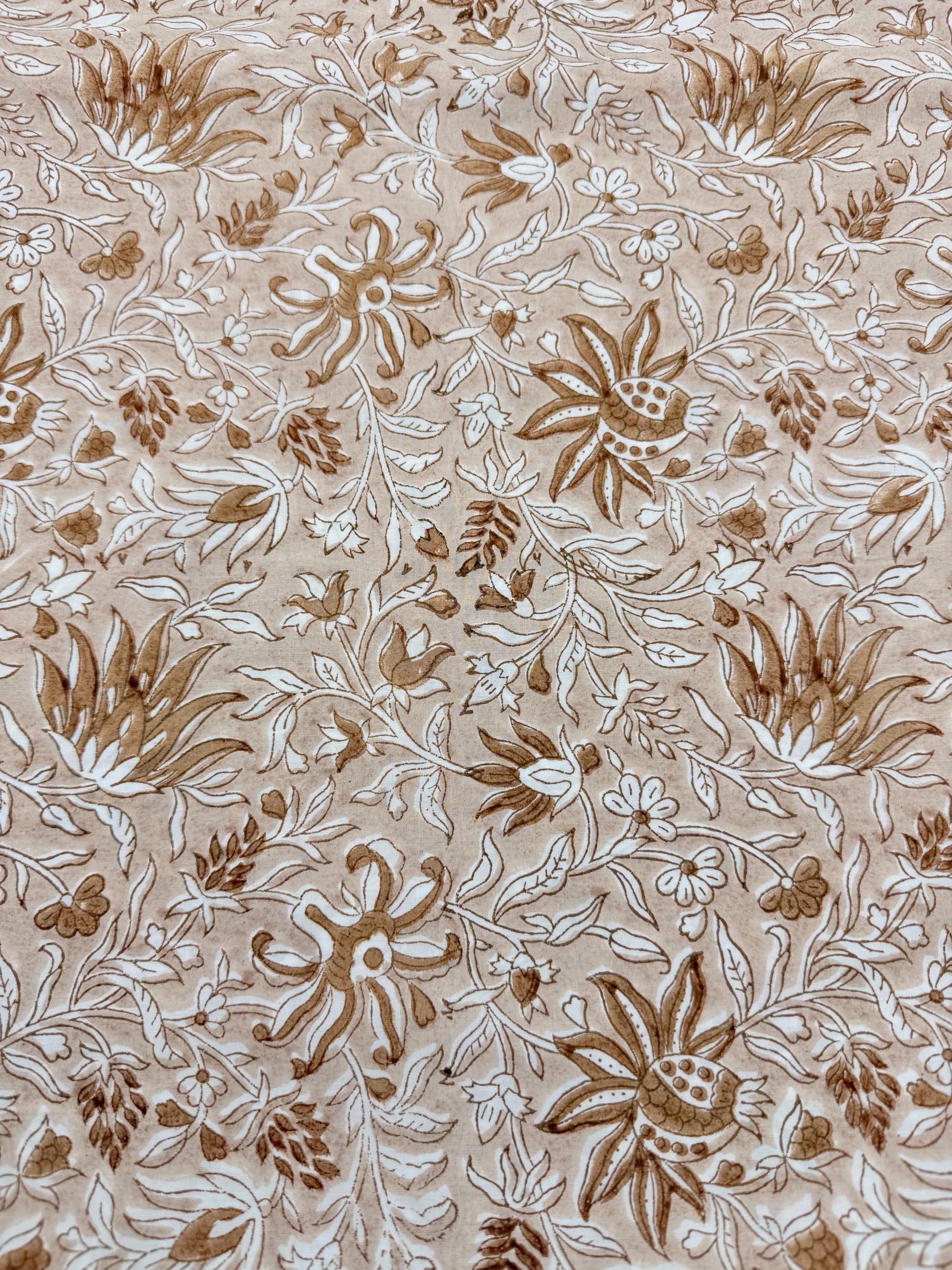 Vintage Style Jaipuri Hand Block Floral Percale Cotton Oversized King Flat Sheet (Brown base with floral pattern)