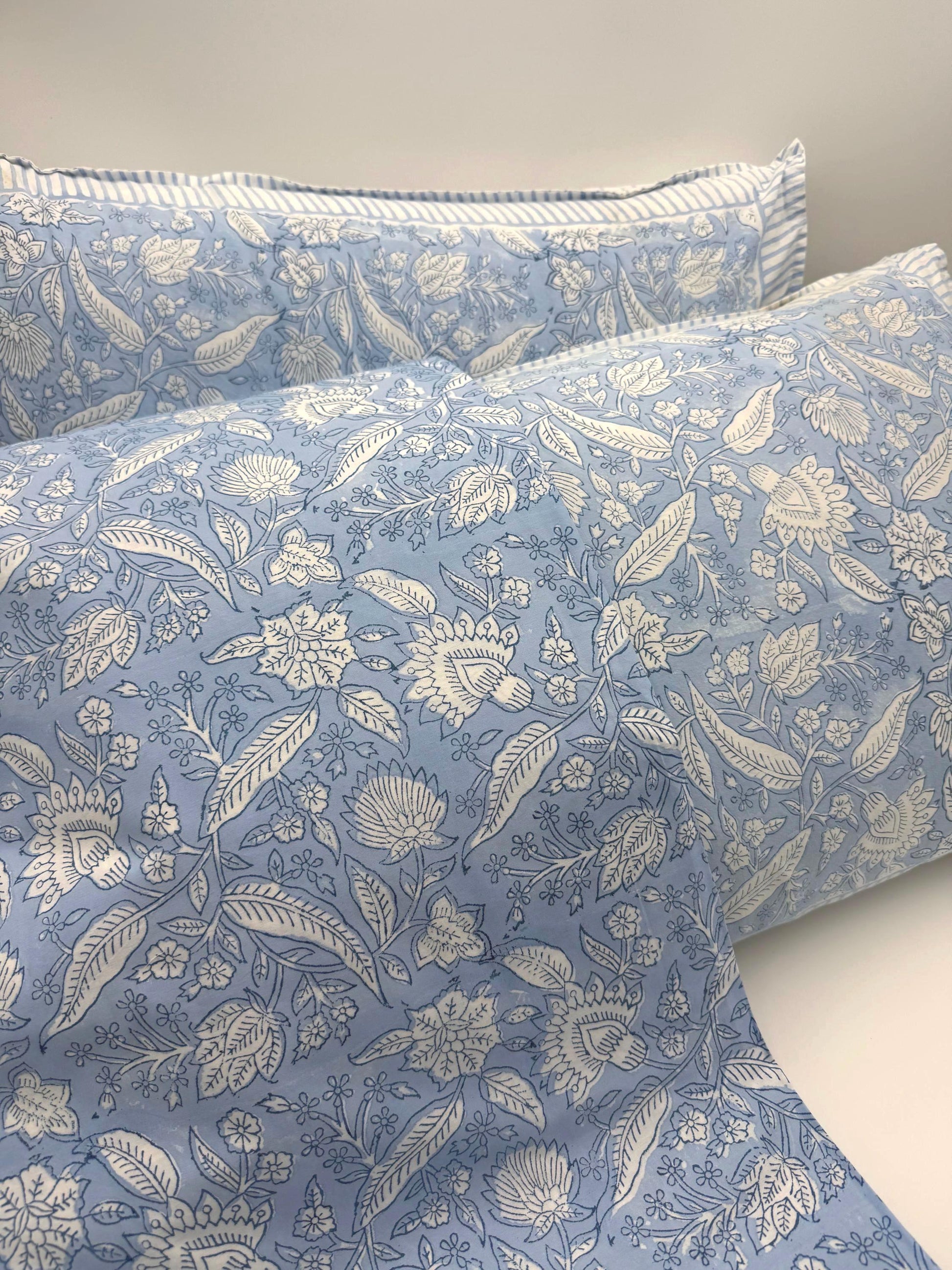 Vintage Style Jaipuri Hand Block Blue Floral Percale Cotton Flat or Fitted Sheet (King and Queen sizes available)