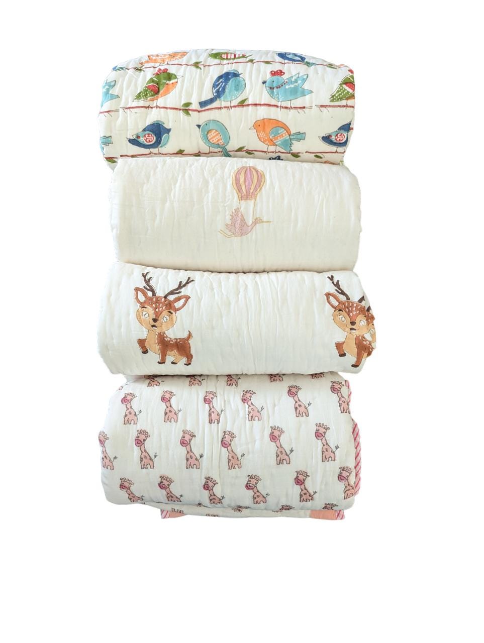 Birdie Giraffe Deer Crane Handcrafted Block Print Baby or Kids Soft Cotton Reversible Blanket (42x60 inches)