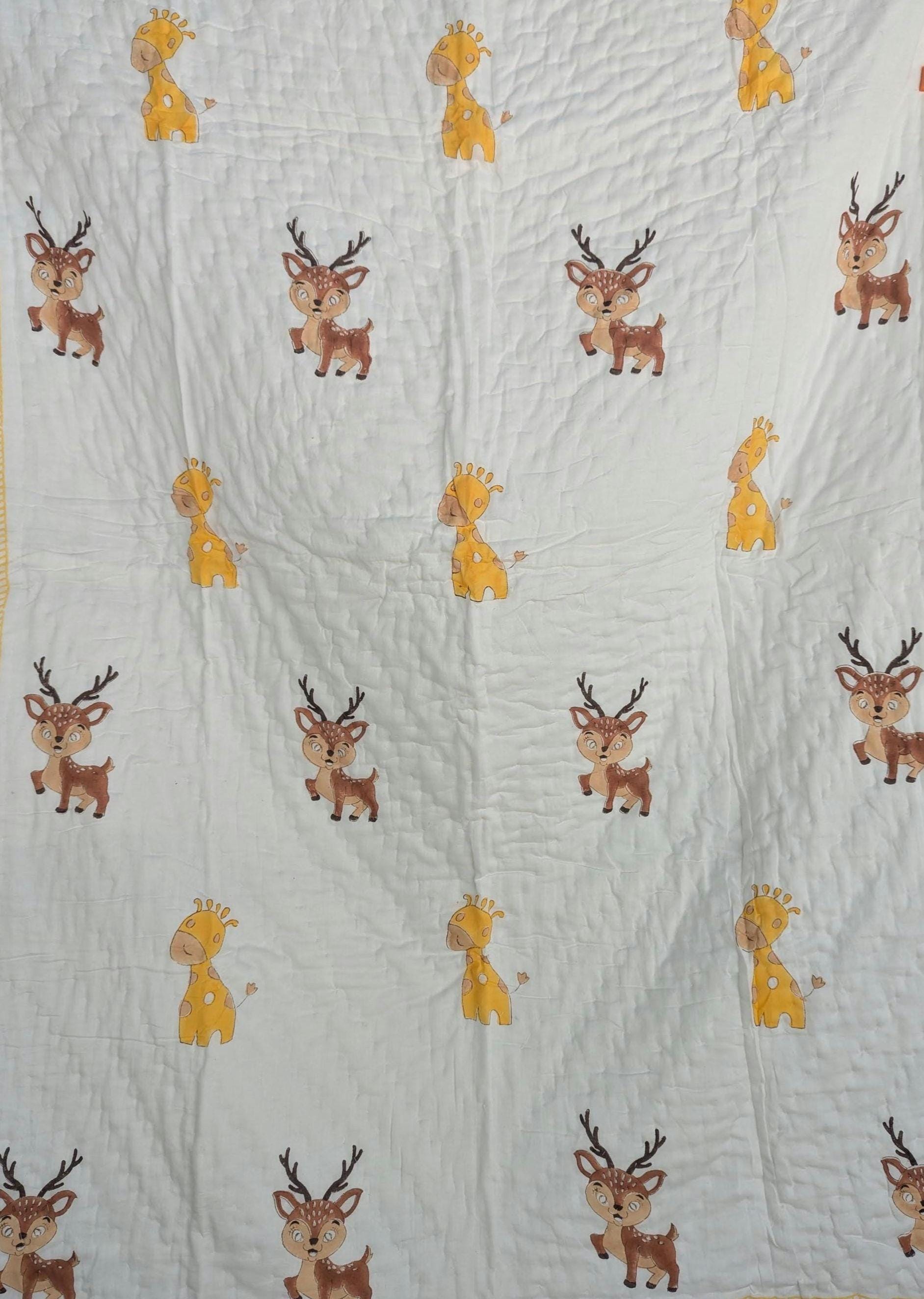 Birdie Giraffe Deer Crane Handcrafted Block Print Baby or Kids Soft Cotton Reversible Blanket (42x60 inches)