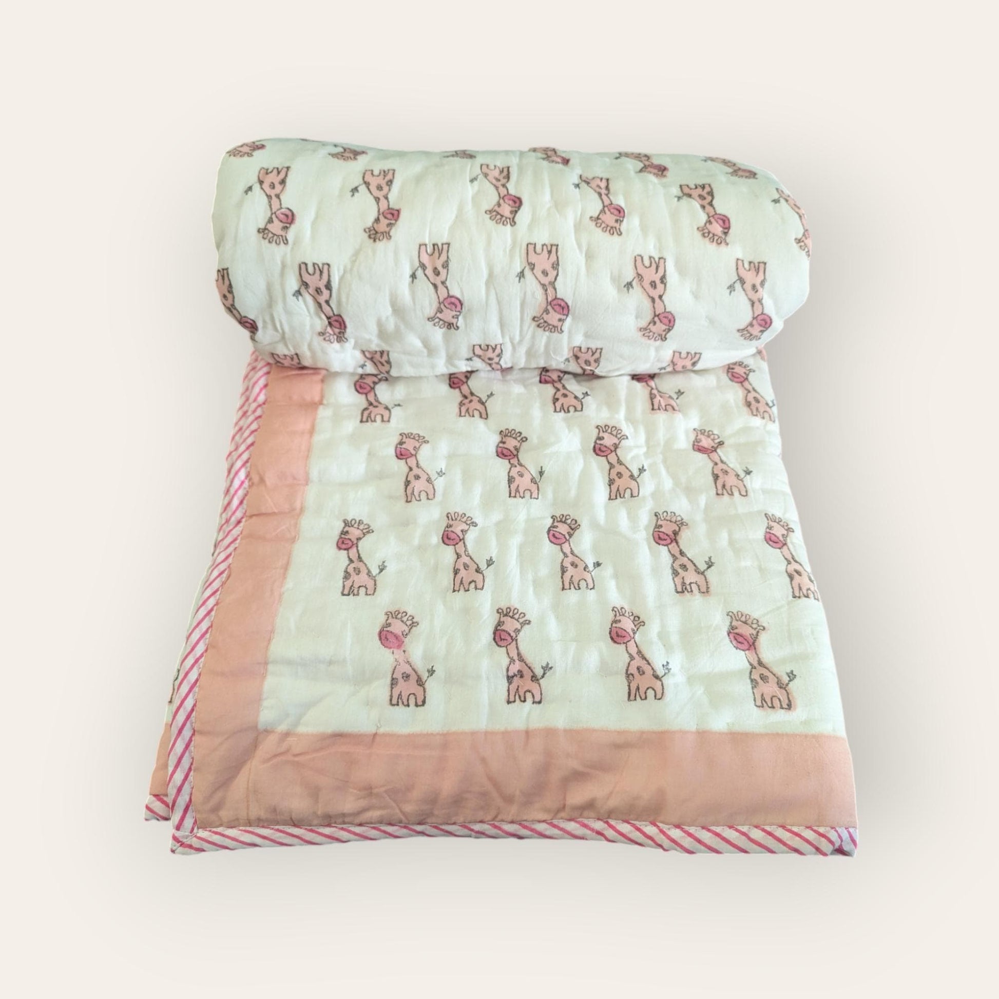 Birdie Giraffe Deer Crane Handcrafted Block Print Baby or Kids Soft Cotton Reversible Blanket (42x60 inches)