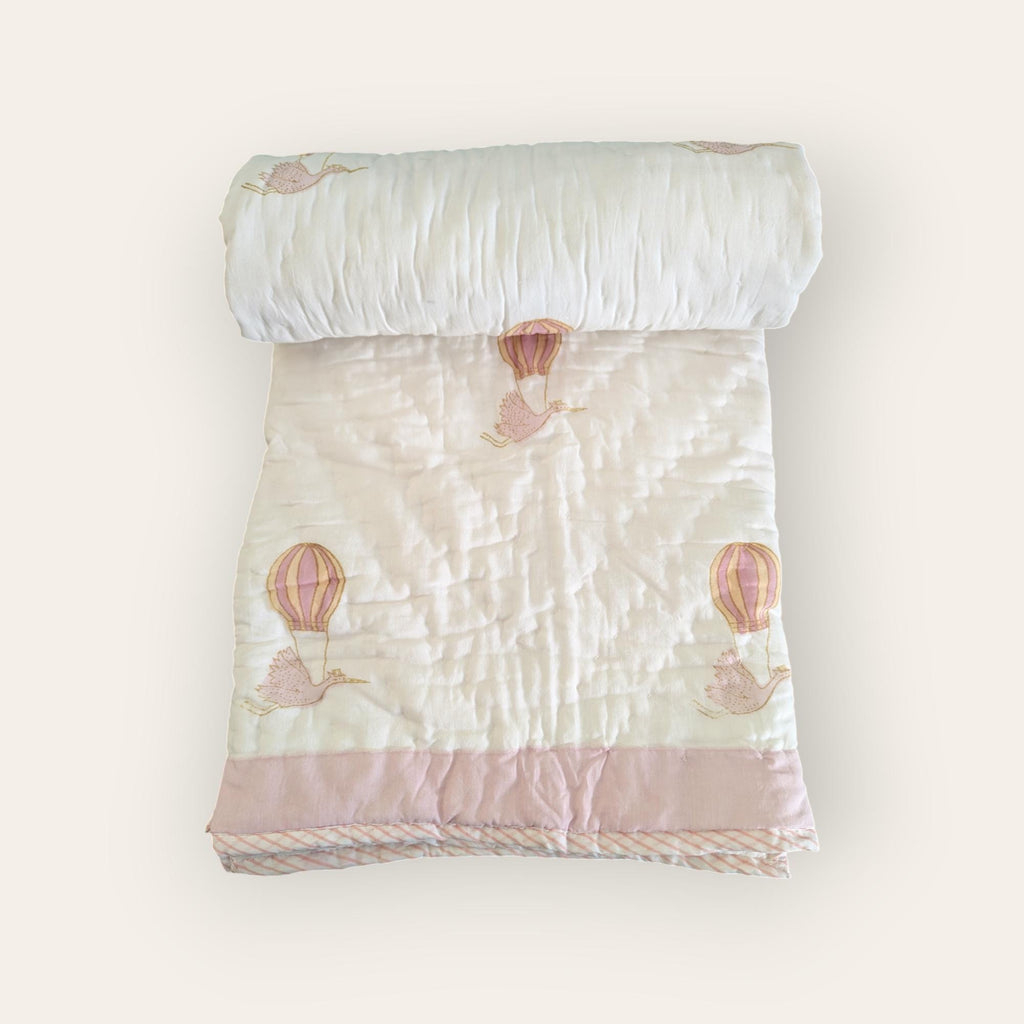 Birdie Giraffe Deer Crane Handcrafted Block Print Baby or Kids Soft Cotton Reversible Blanket (42x60 inches)
