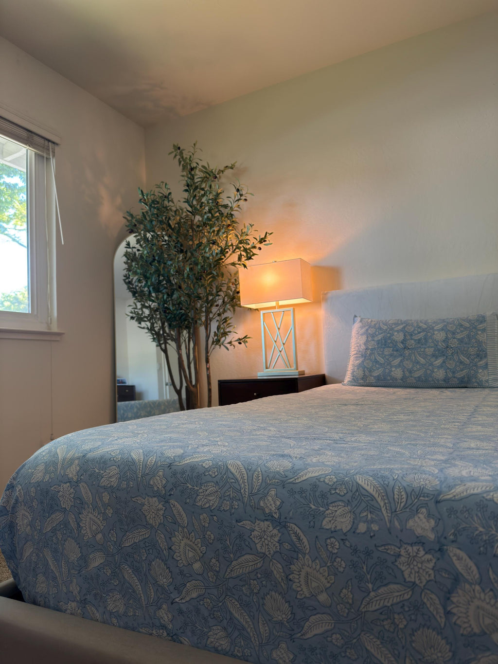 Vintage Style Jaipuri Hand Block Blue Floral Percale Cotton Flat or Fitted Sheet (King and Queen sizes available)