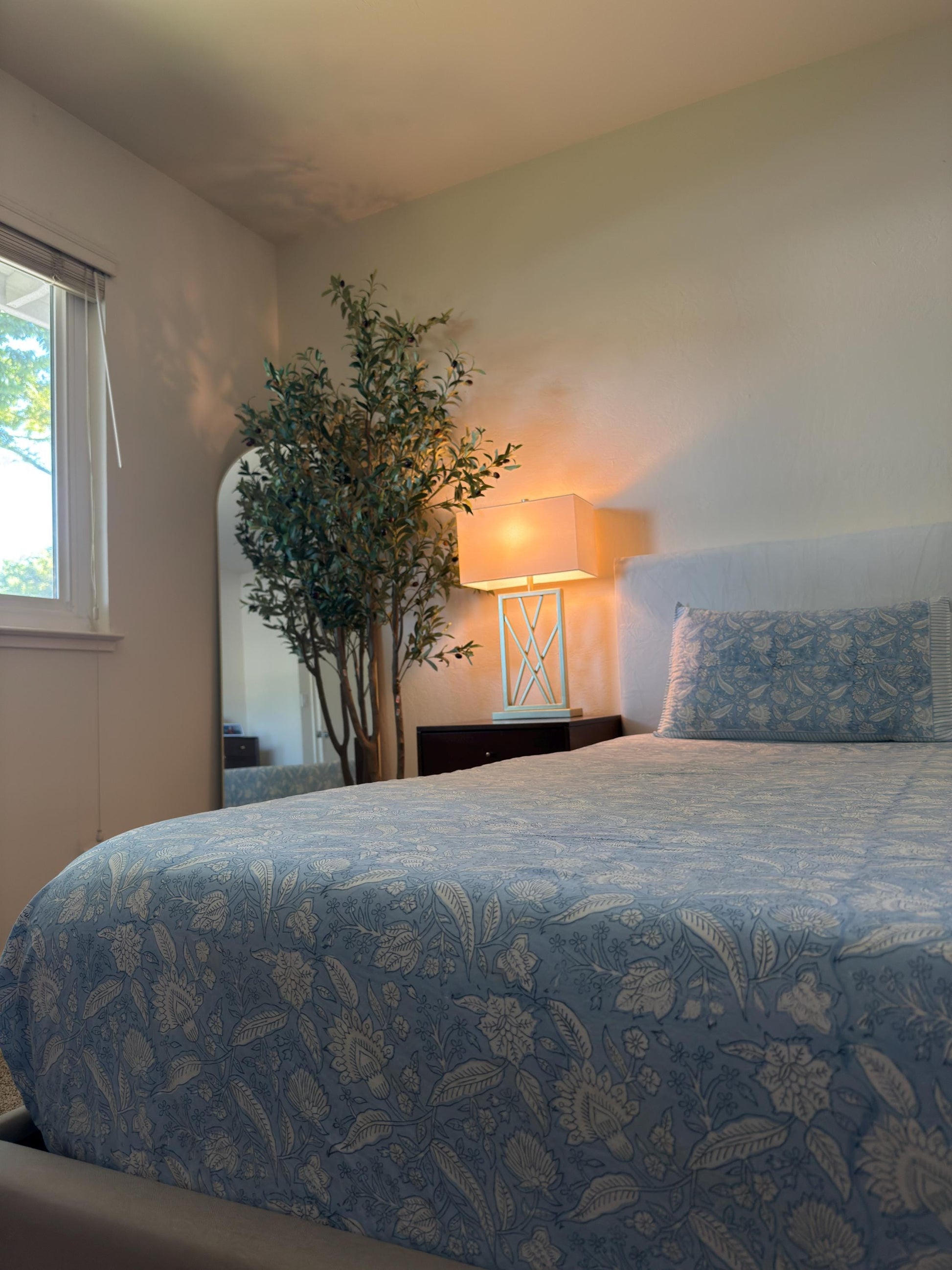 Vintage Style Jaipuri Hand Block Blue Floral Percale Cotton Flat or Fitted Sheet (King and Queen sizes available)