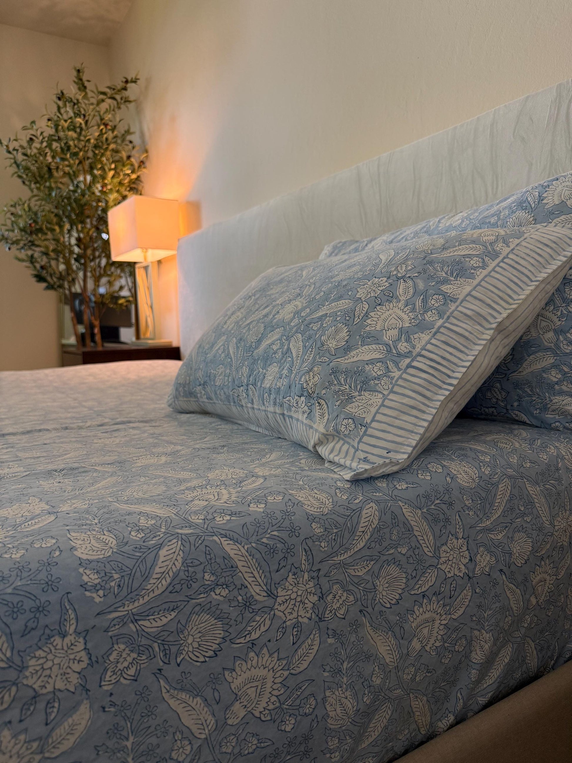 Vintage Style Jaipuri Hand Block Blue Floral Percale Cotton Flat or Fitted Sheet (King and Queen sizes available)