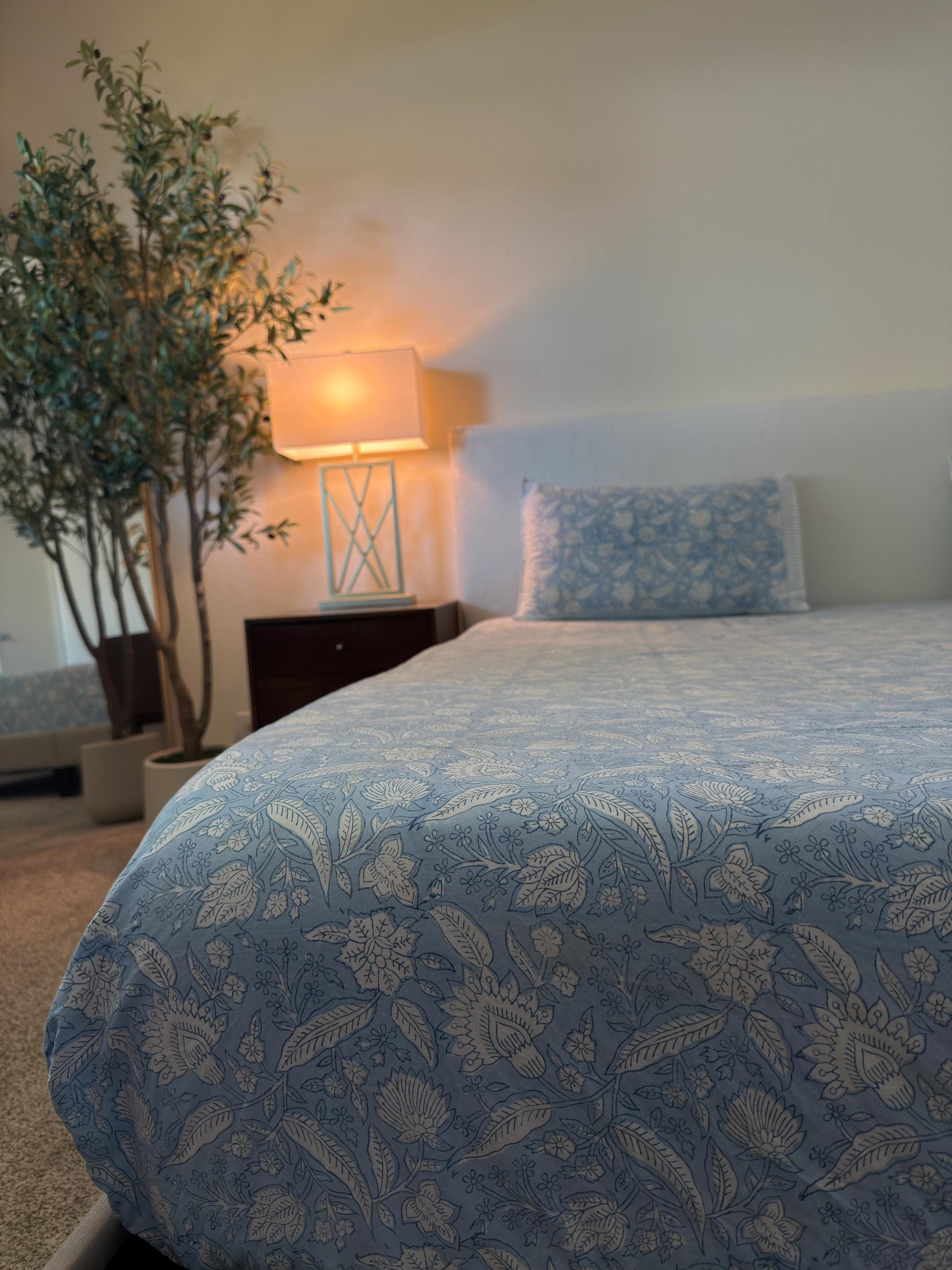 Vintage Style Jaipuri Hand Block Blue Floral Percale Cotton Flat or Fitted Sheet (King and Queen sizes available)