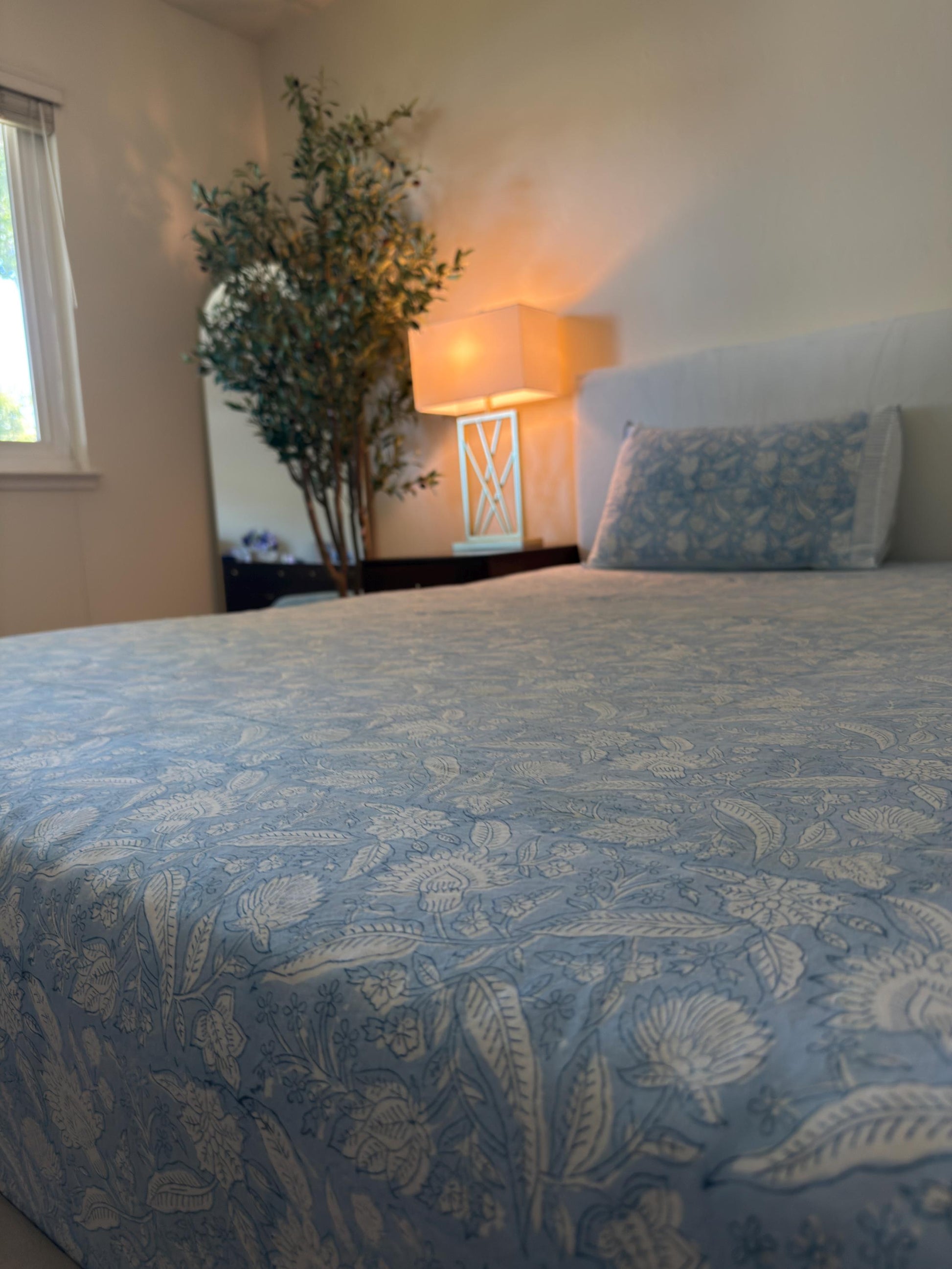 Vintage Style Jaipuri Hand Block Blue Floral Percale Cotton Flat or Fitted Sheet (King and Queen sizes available)